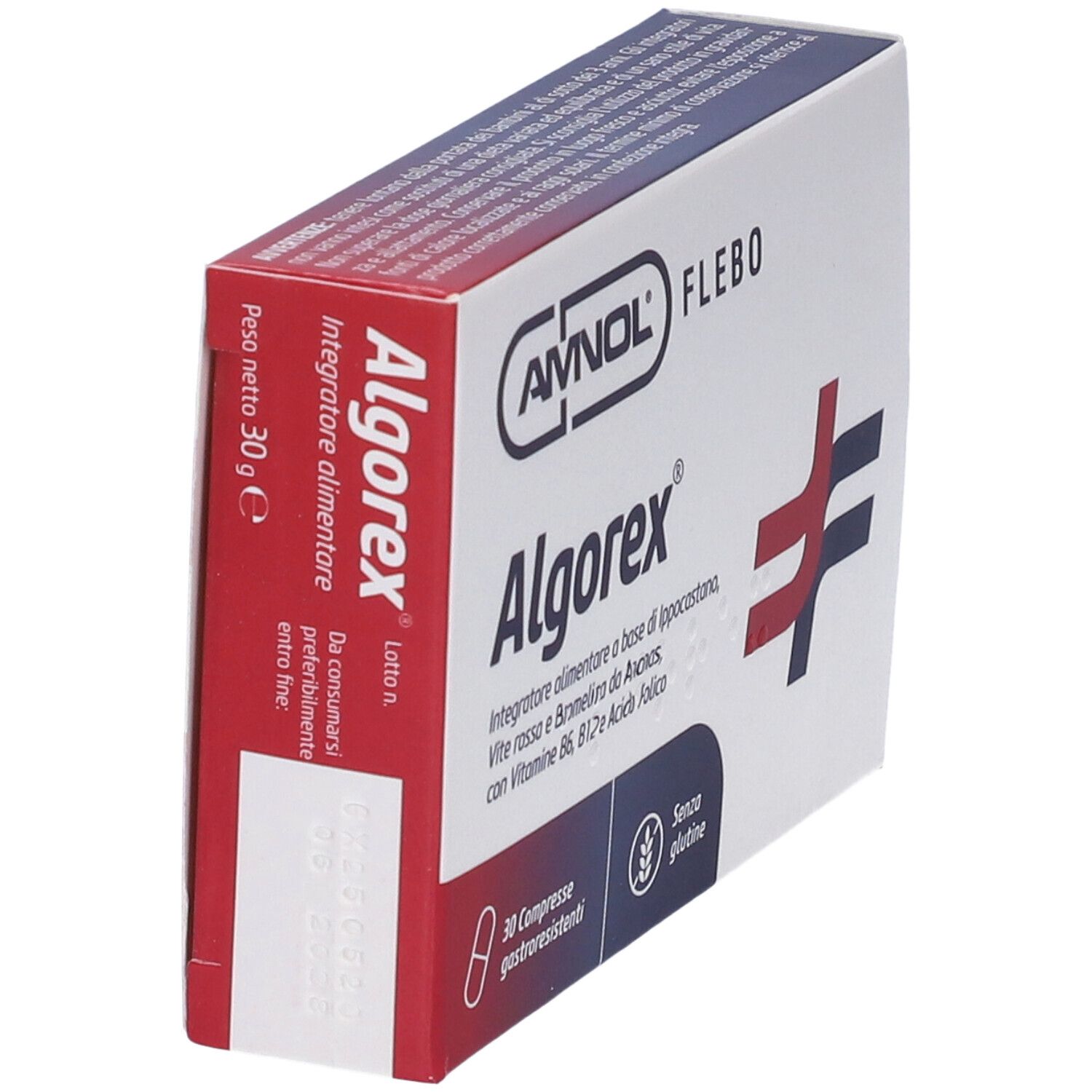 Scatola di compresse Algorex. Vista laterale. Scritta: 30 g. Logo e nome del prodotto.