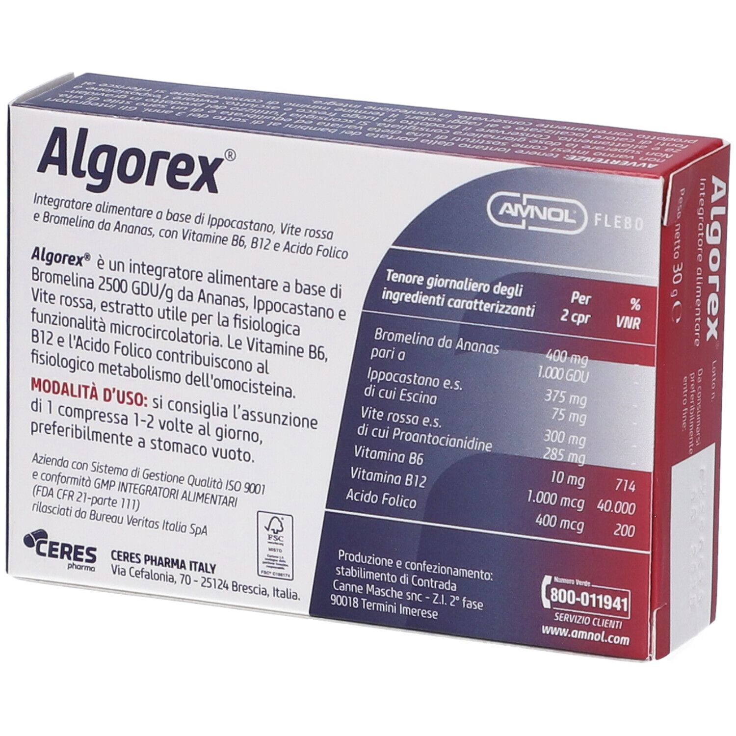 Retro della scatola di compresse Algorex. Informazioni e ingredienti. Logo e nome.