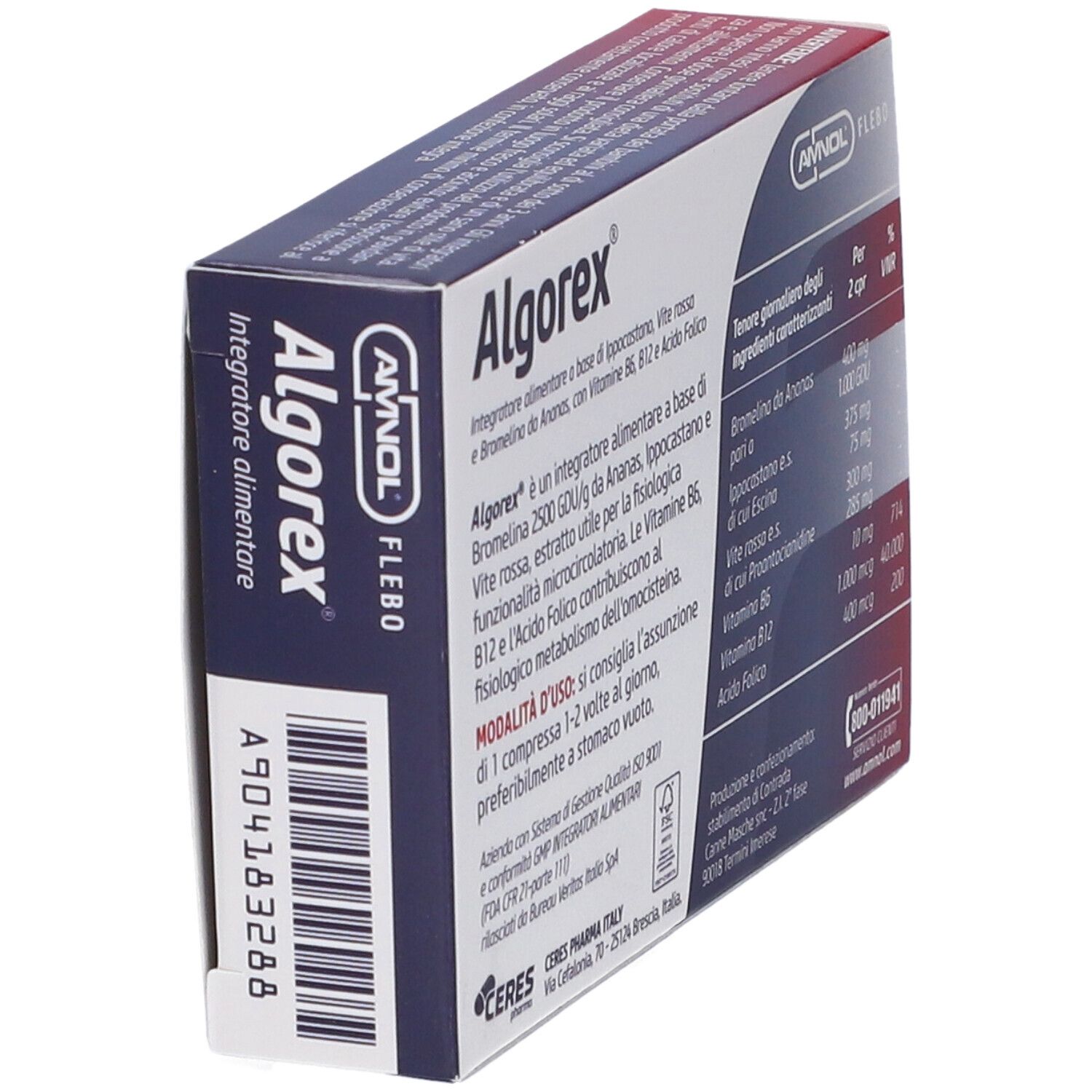 Scatola di compresse Algorex. Vista posteriore. Informazioni e ingredienti. Logo e nome.