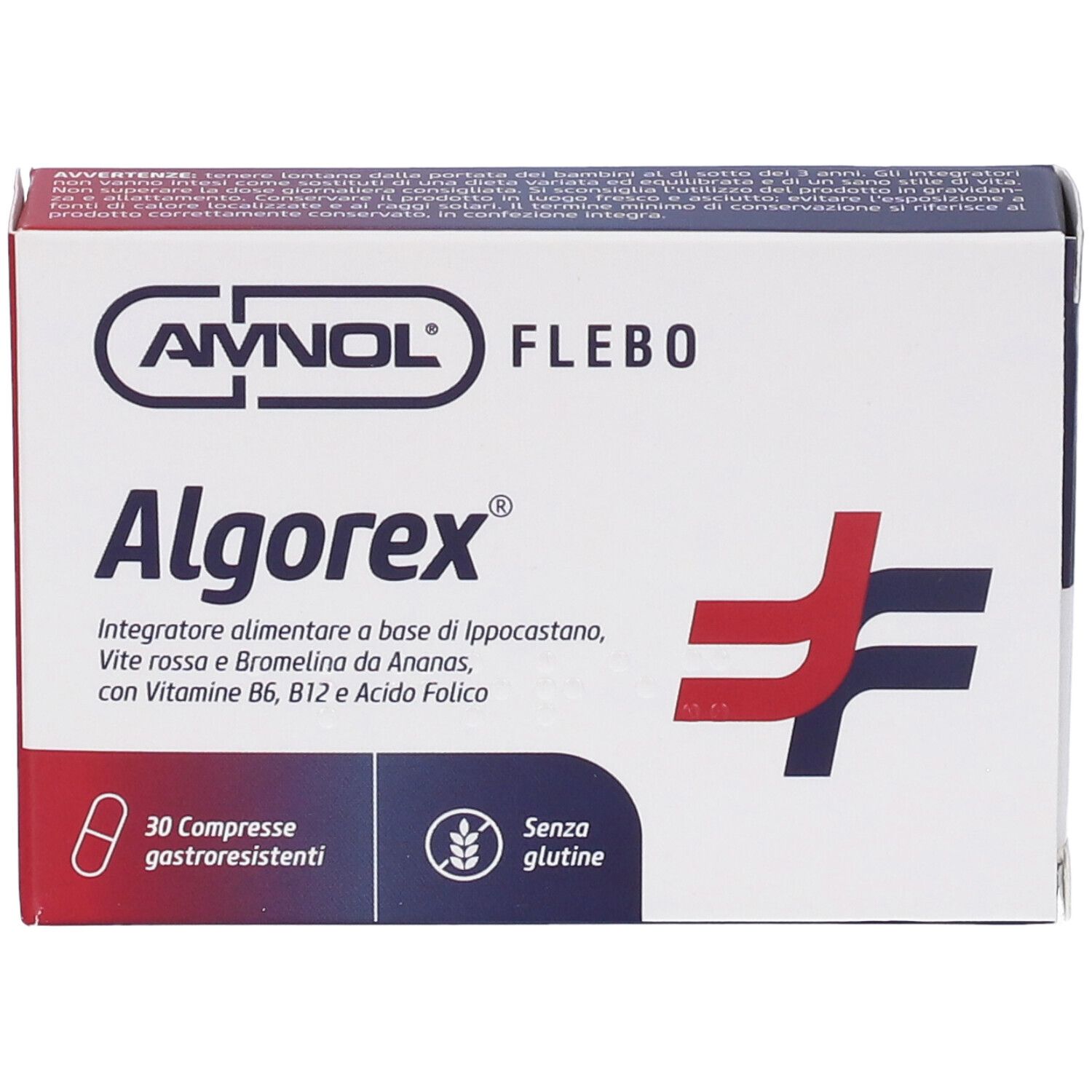 Scatola di compresse Algorex. Scritta: 30 gastroresistenti, senza glutine. Logo e nome.