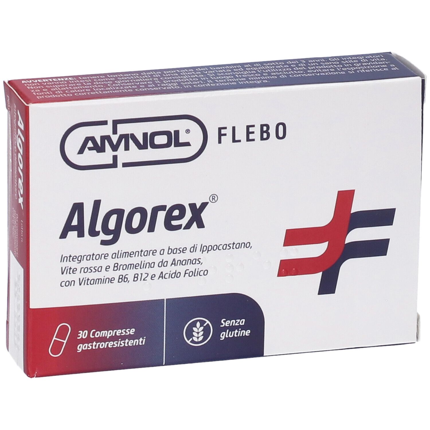 Scatola di compresse Algorex. Scritta: 30 gastroresistenti, senza glutine. Logo e nome.