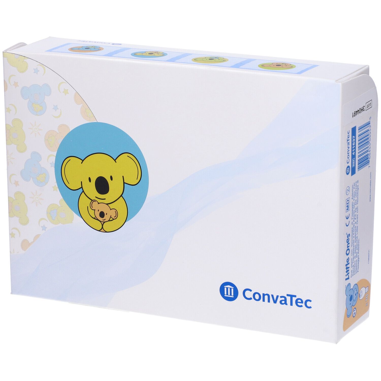 Confezione con illustrazione di koala e nome del prodotto. Marchio Convatec. Bianco, blu e giallo.