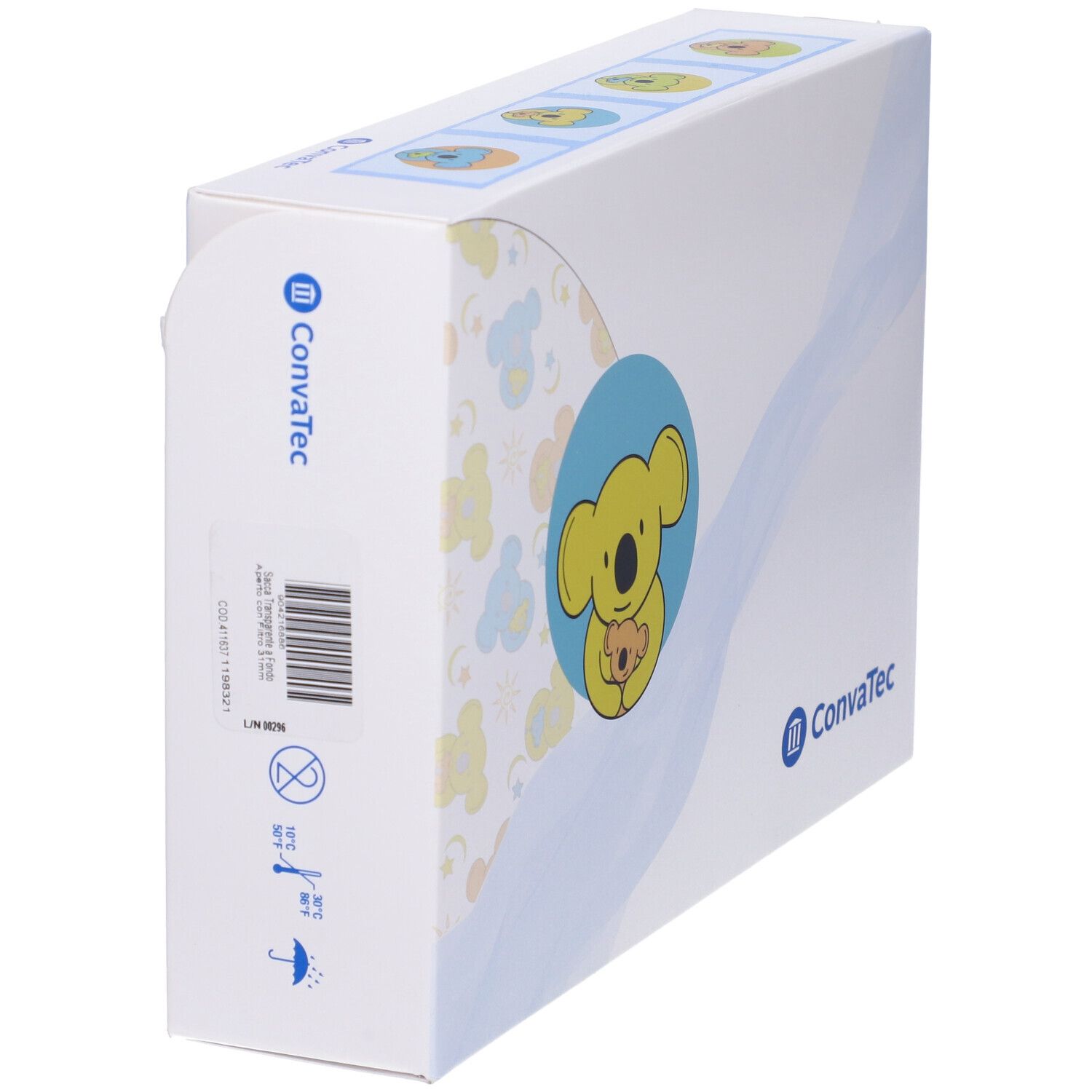 Confezione con illustrazione di koala e nome del prodotto. Marchio Convatec. Bianco, blu e giallo. Codice a barre.