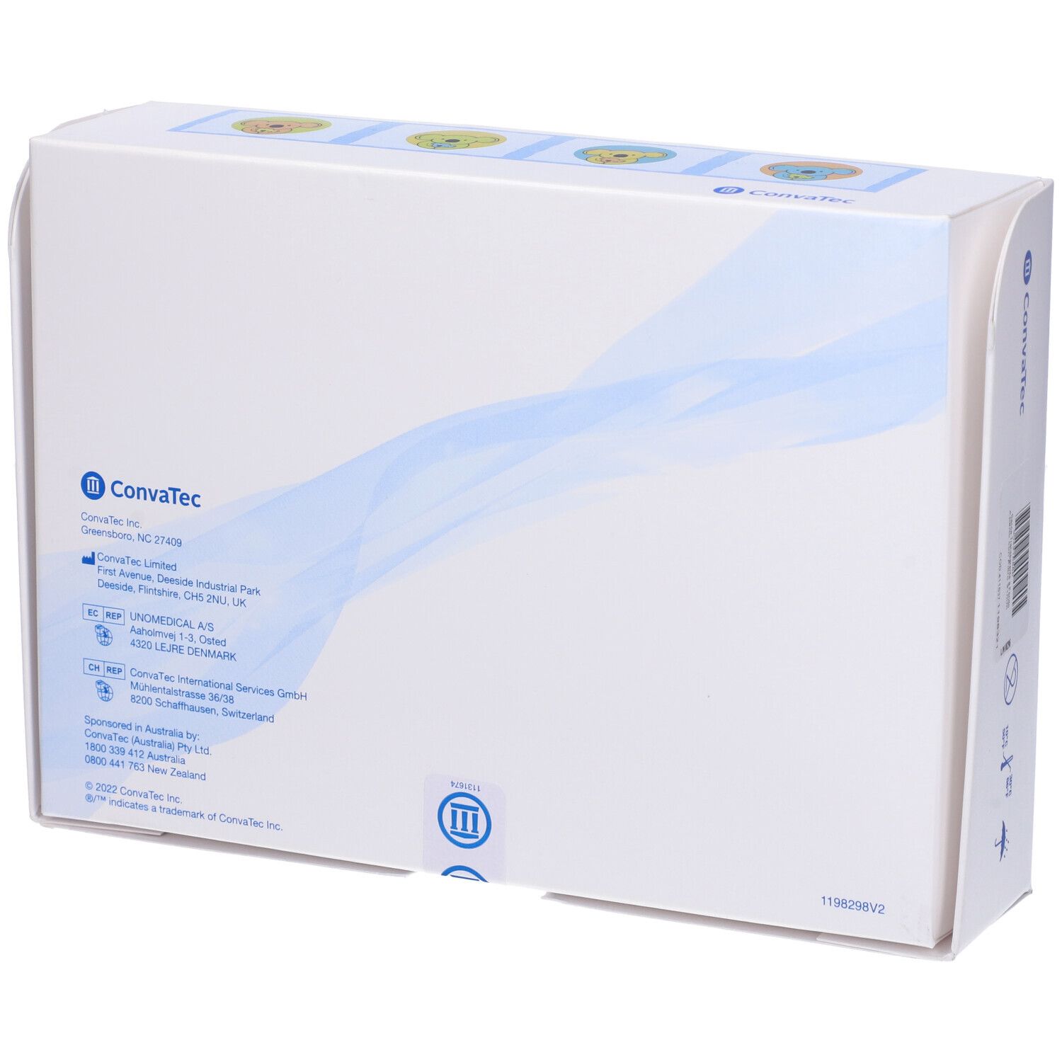 Confezione con illustrazione di koala e nome del prodotto. Marchio Convatec. Bianco, blu e giallo. Retro.