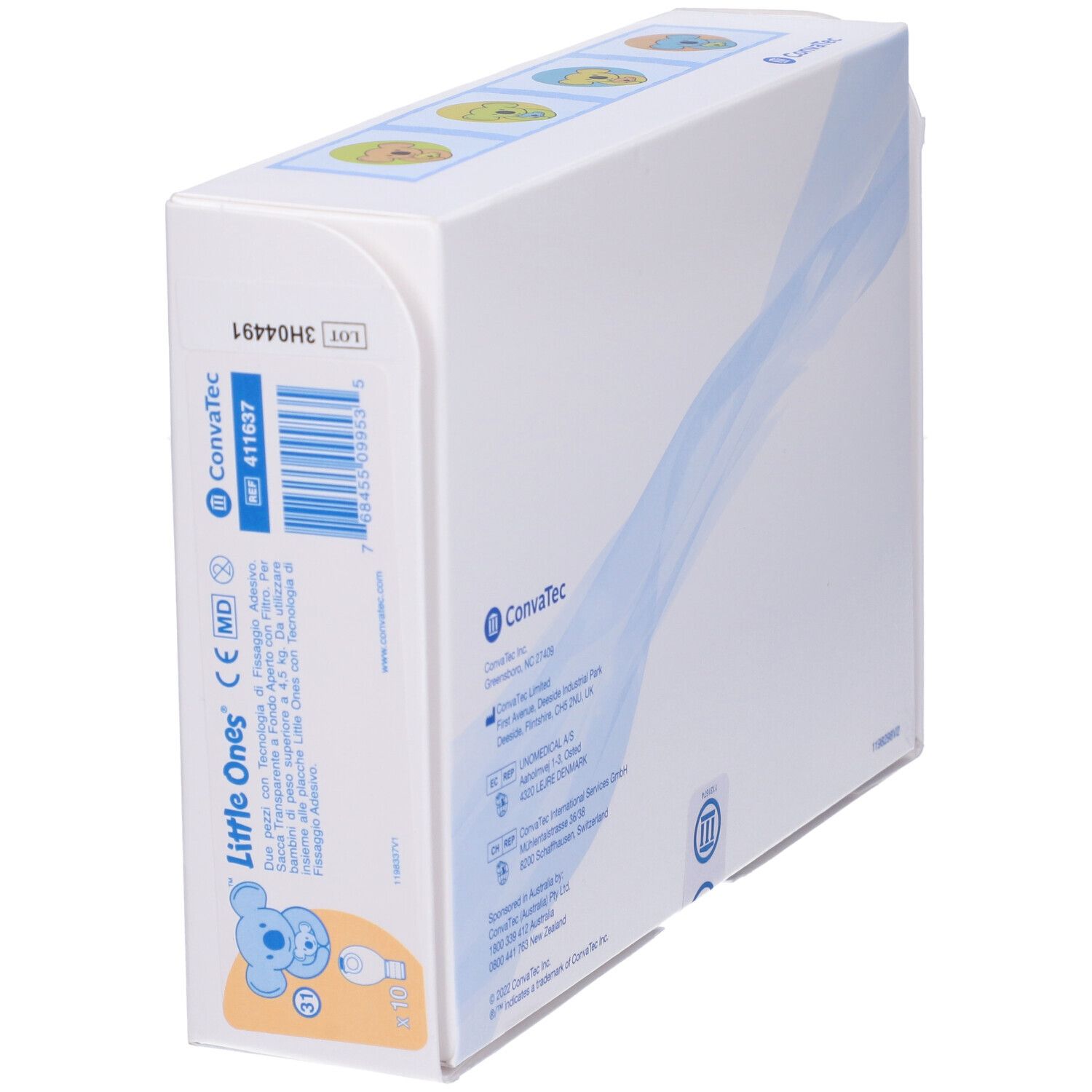 Confezione con illustrazione di koala e nome del prodotto. Marchio Convatec. Bianco, blu e giallo. Vista laterale.