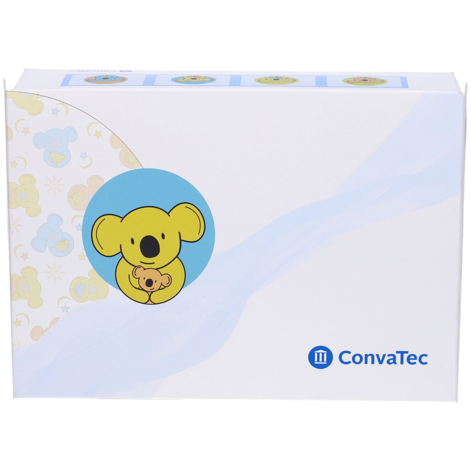 Confezione con illustrazione di koala e nome del prodotto. Marchio Convatec. Bianco, blu e giallo. Vista frontale.