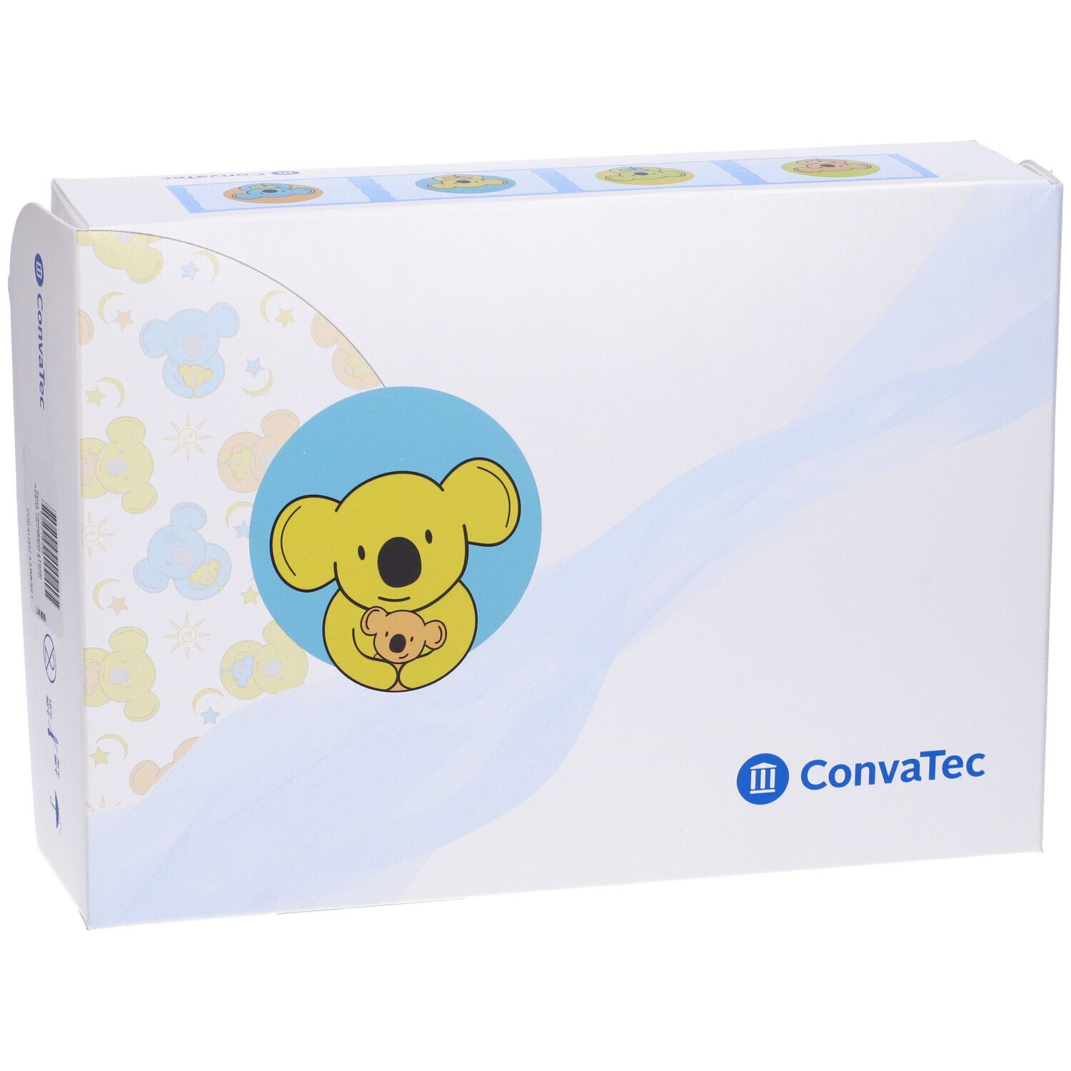 Confezione con illustrazione di koala e nome del prodotto. Marchio Convatec. Bianco, blu e giallo. Vista frontale.