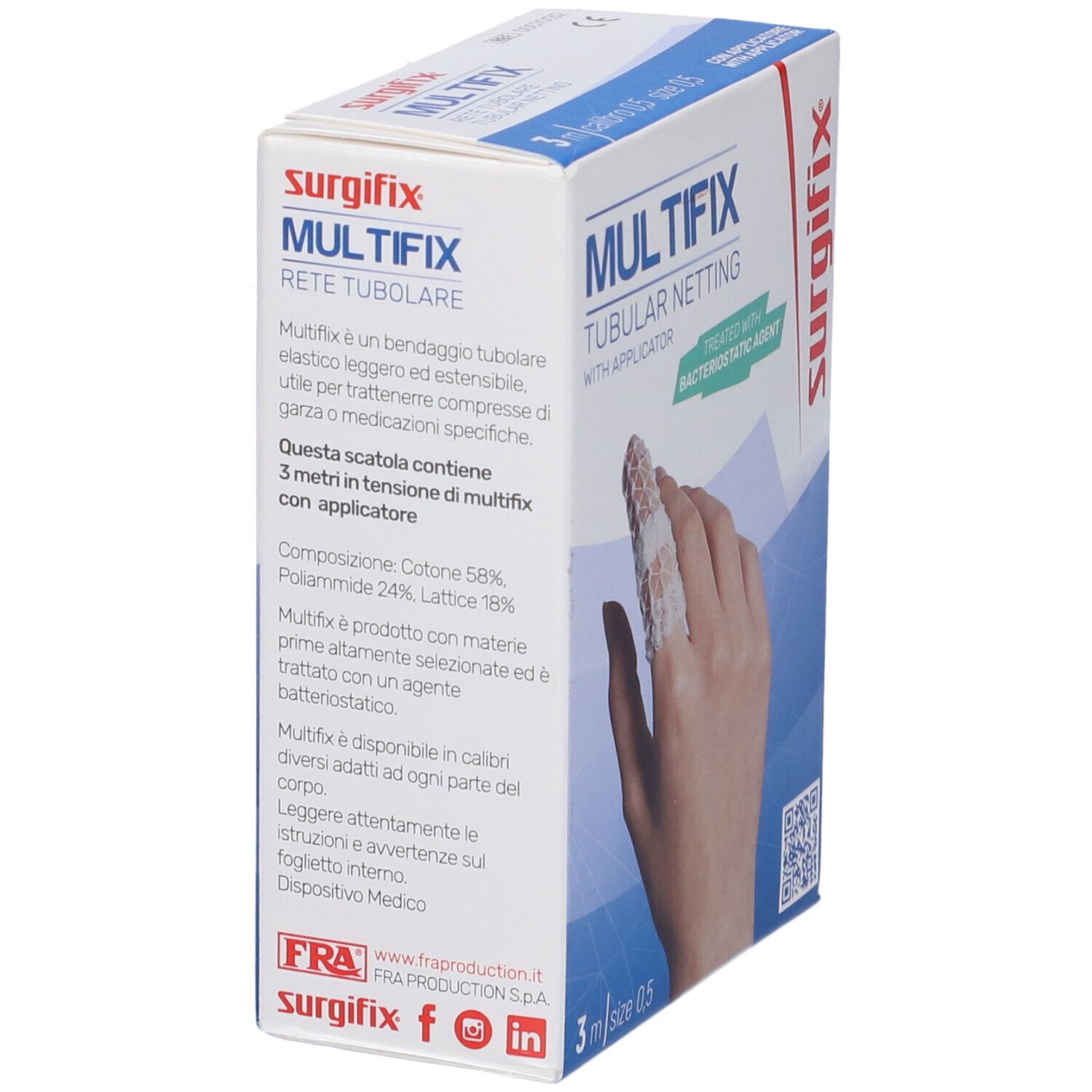 Confezione di MULTIFIX, rete tubulare. Immagine di un dito bendato. 3 m, misura 0,5.