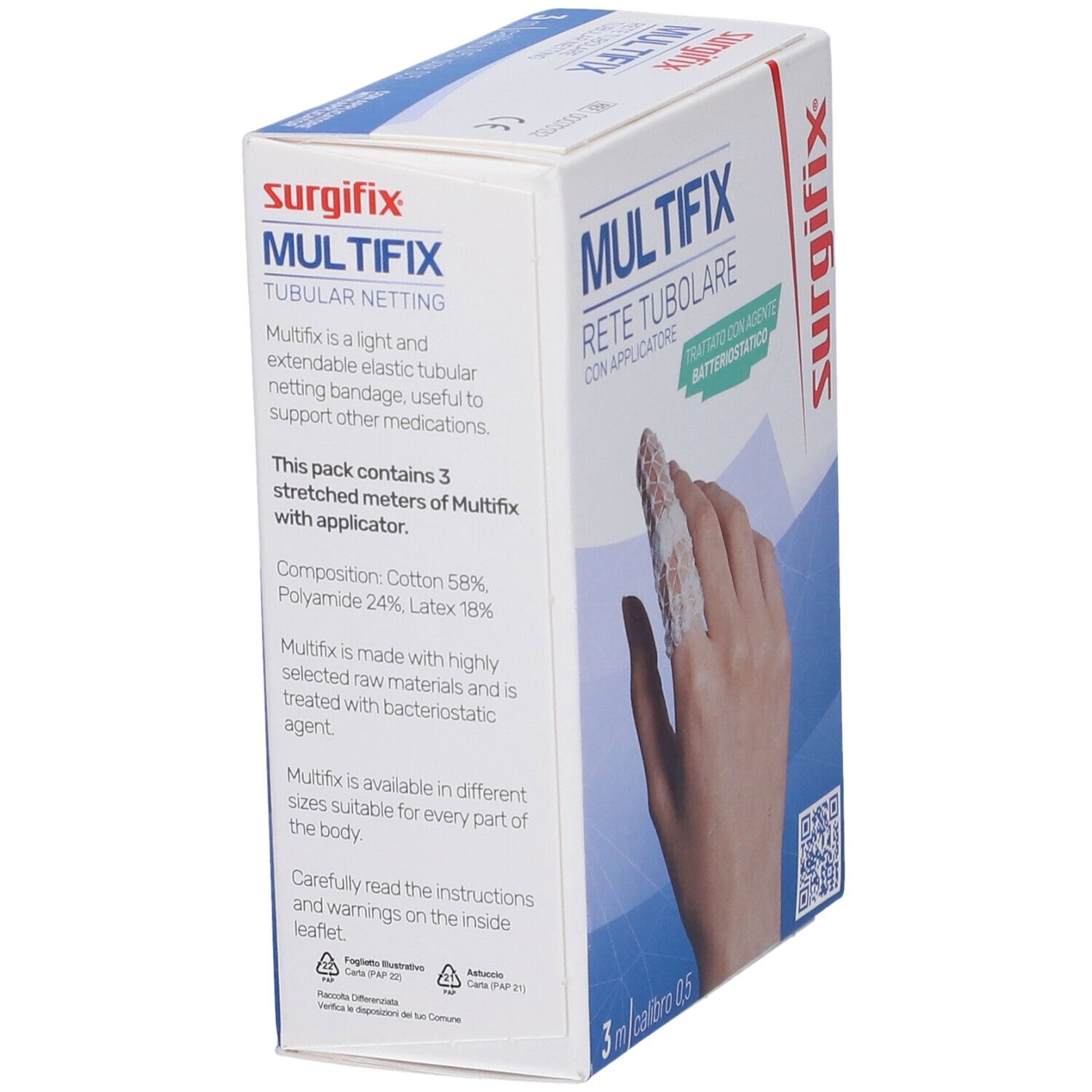 Confezione di MULTIFIX, rete tubulare. Immagine di un dito bendato. 3 m, misura 0,5.