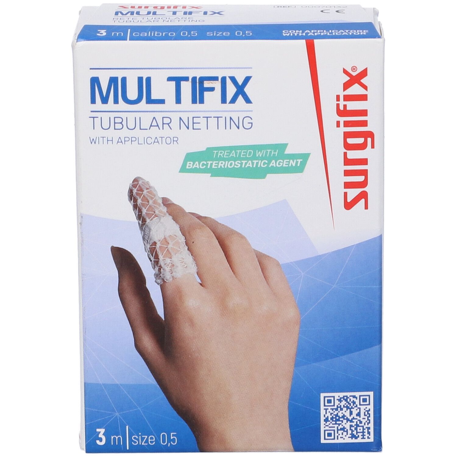 Confezione di MULTIFIX, rete tubulare con applicatore. Immagine di un dito bendato. 3 m, misura 0,5.