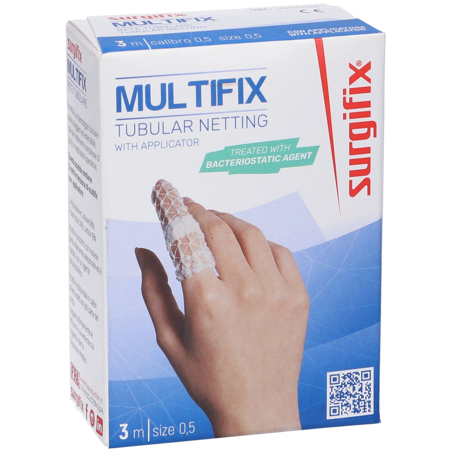 Confezione di MULTIFIX, rete tubulare con applicatore. Immagine di un dito bendato. 3 m, misura 0,5.