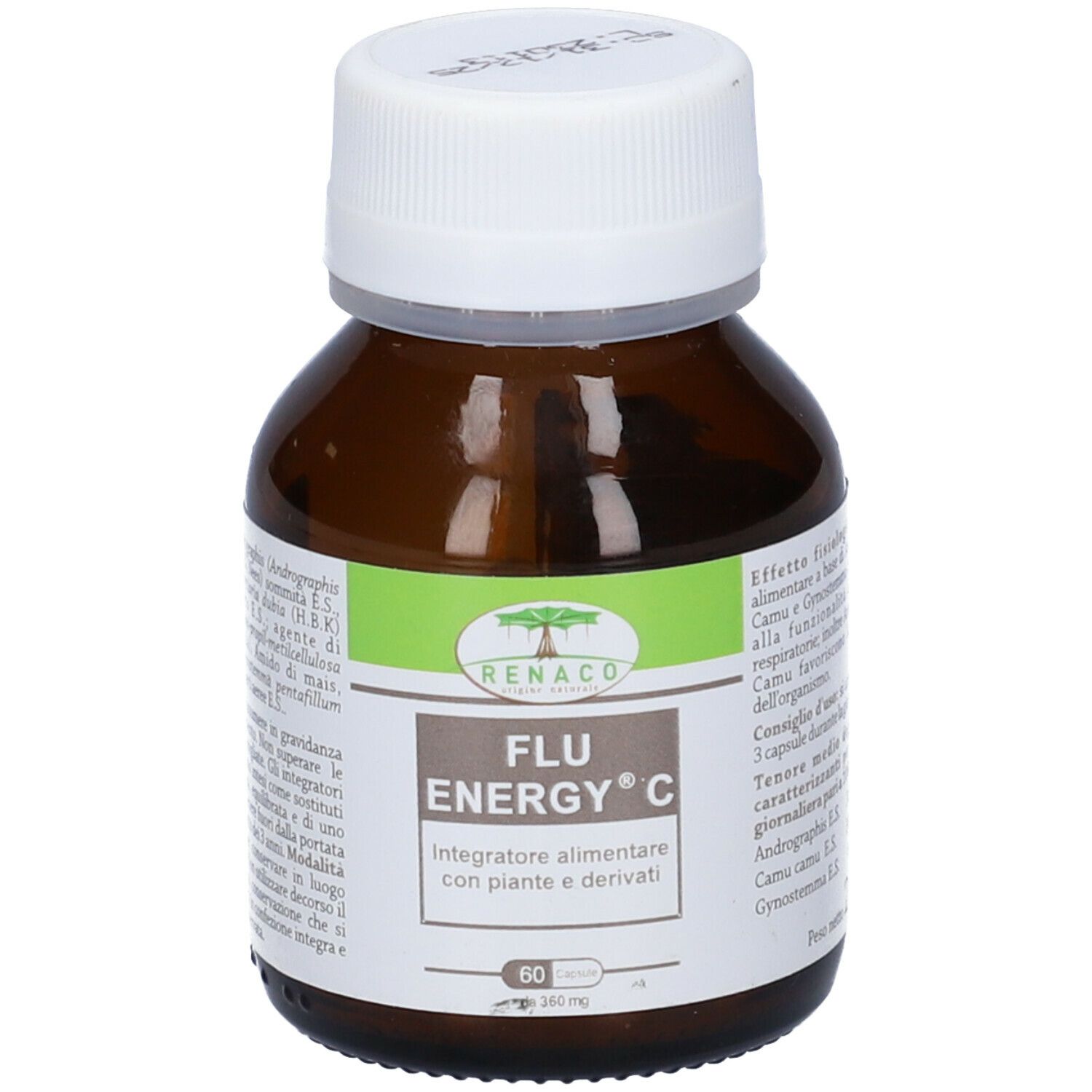 Flacone di vetro marrone con tappo bianco. L'etichetta riporta "FLU ENERGY C".