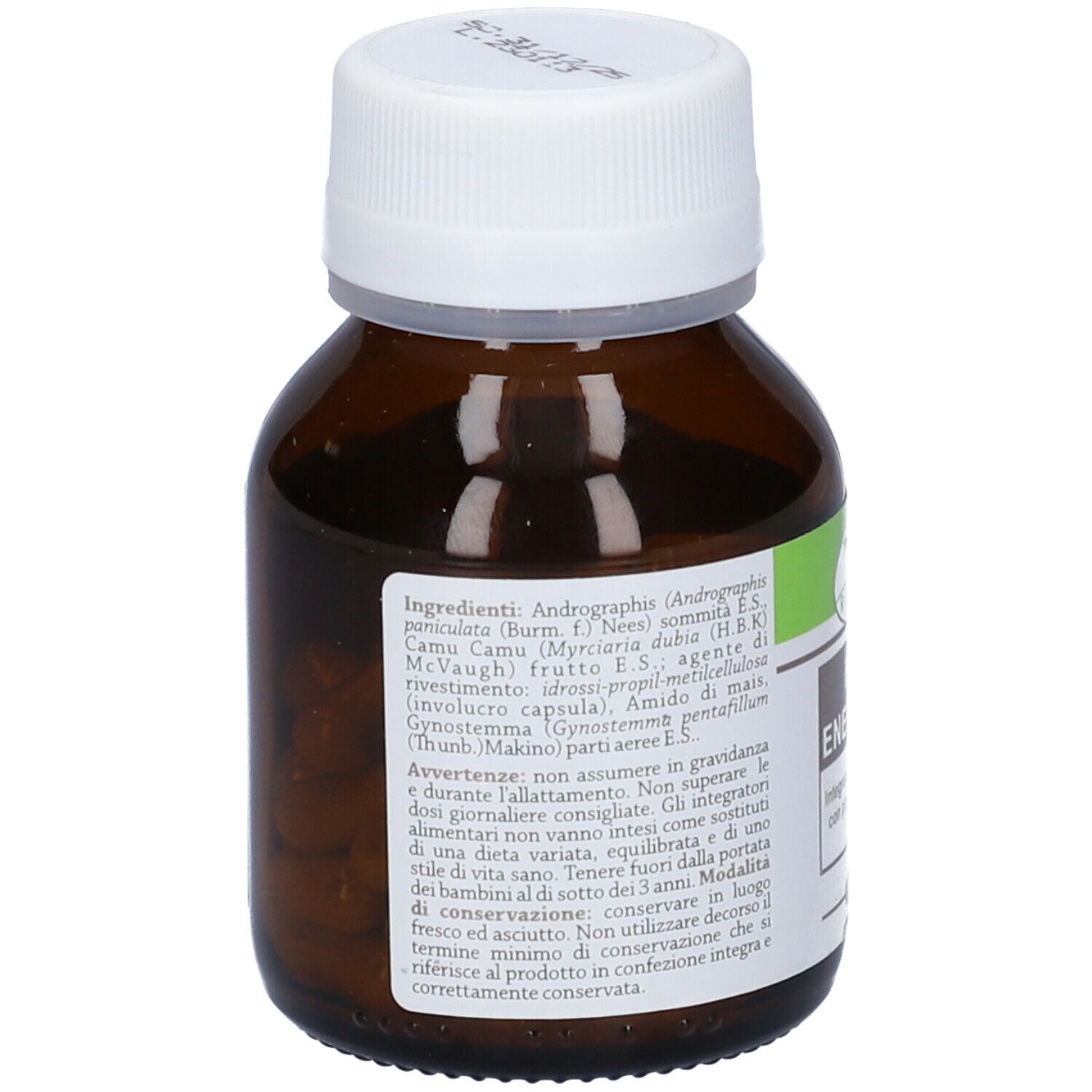 Flacone di vetro marrone con tappo bianco. Etichetta con ingredienti e avvertenze.