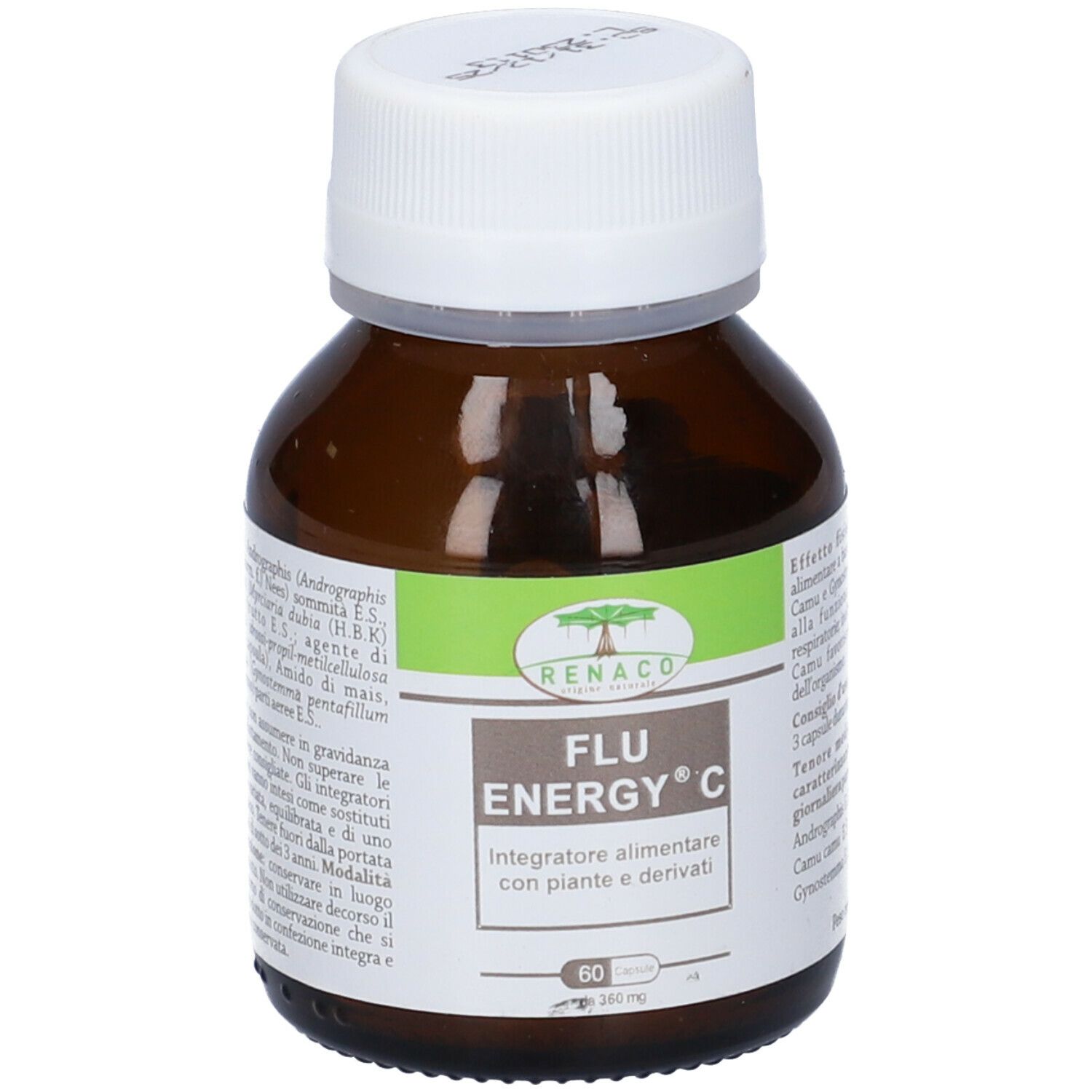 Flacone di vetro marrone con tappo bianco. L'etichetta riporta "FLU ENERGY C".