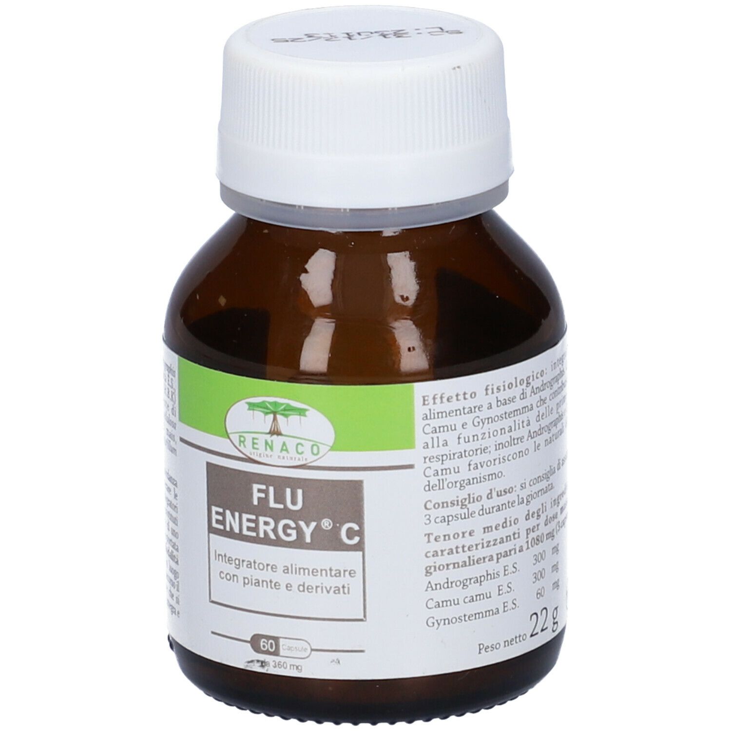 Flacone di vetro marrone con tappo bianco. L'etichetta riporta "FLU ENERGY C".