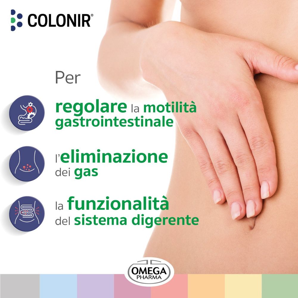Grafica con mano sul ventre. Testo: Regola la motilità gastrointestinale, eliminazione dei gas, funzionalità digestiva.
