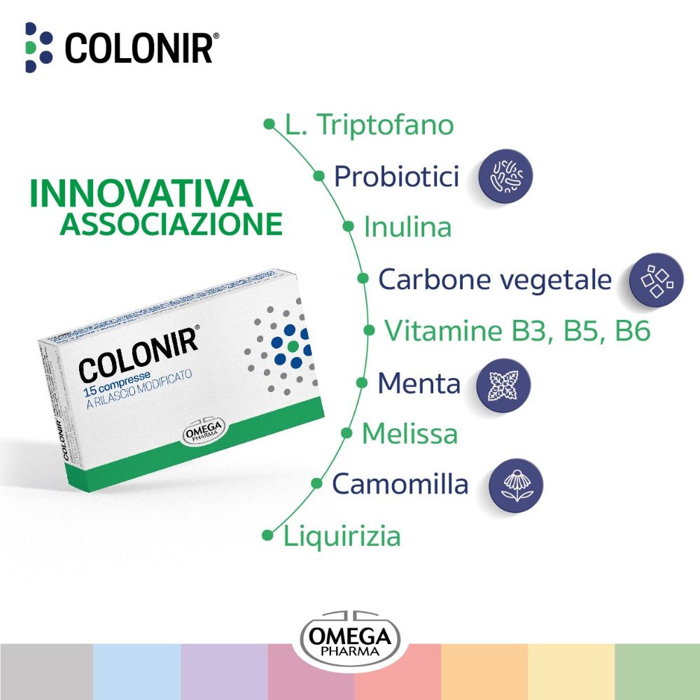 Scatola COLONIR® con 15 compresse. Grafica con ingredienti: L. Triptofano, probiotici, inulina, ecc.