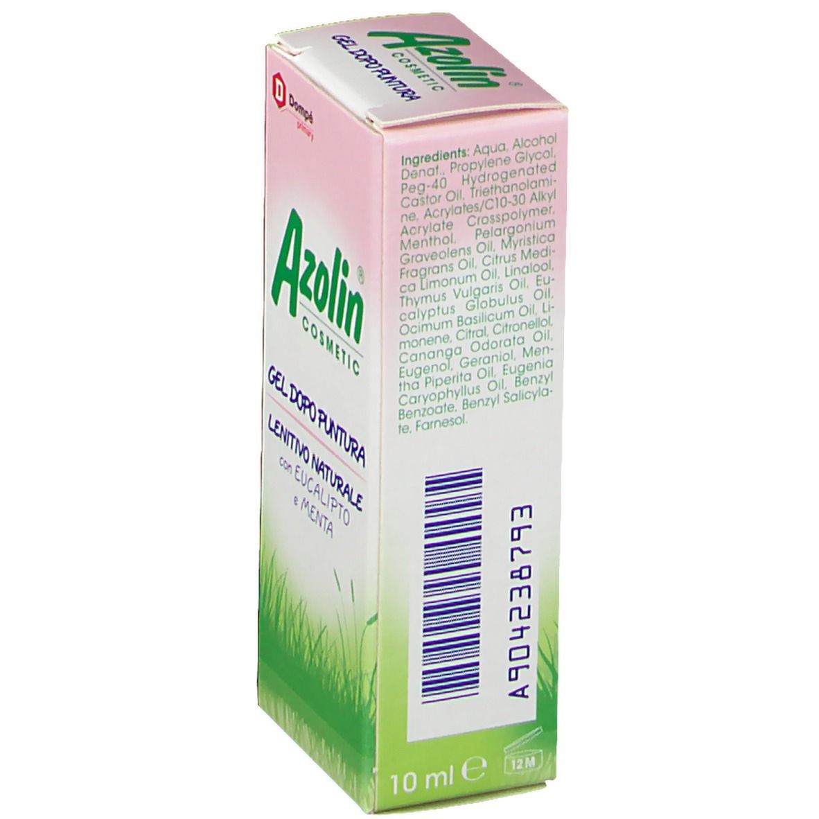 Retro della confezione di Azolin®-Gel. Ingredienti e codice a barre. Indicazione di 10 ml.