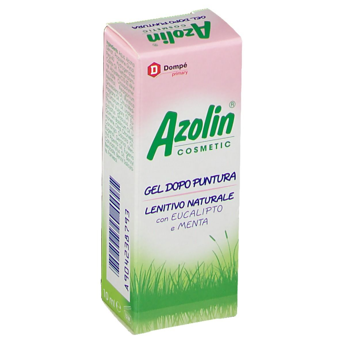 Confezione di Azolin®-Gel. Scatola bianca e rosa con logo e testo verdi. "GEL DOPO PUNTURA" e "LENITIVO NATURALE".