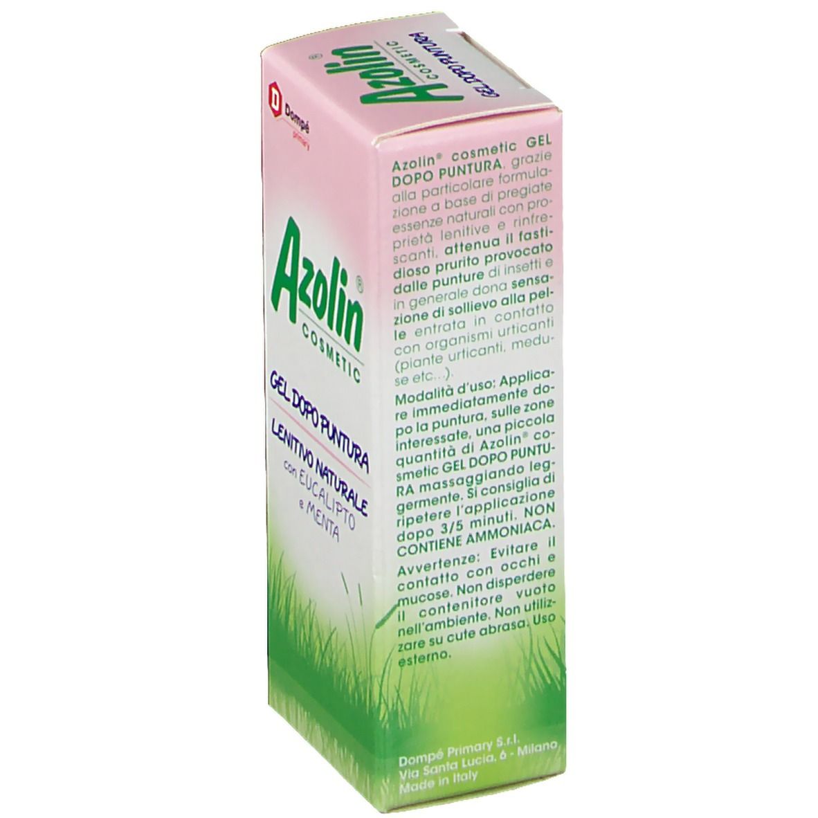 Lato della confezione di Azolin®-Gel. Testo. Contiene istruzioni per l'uso del prodotto.