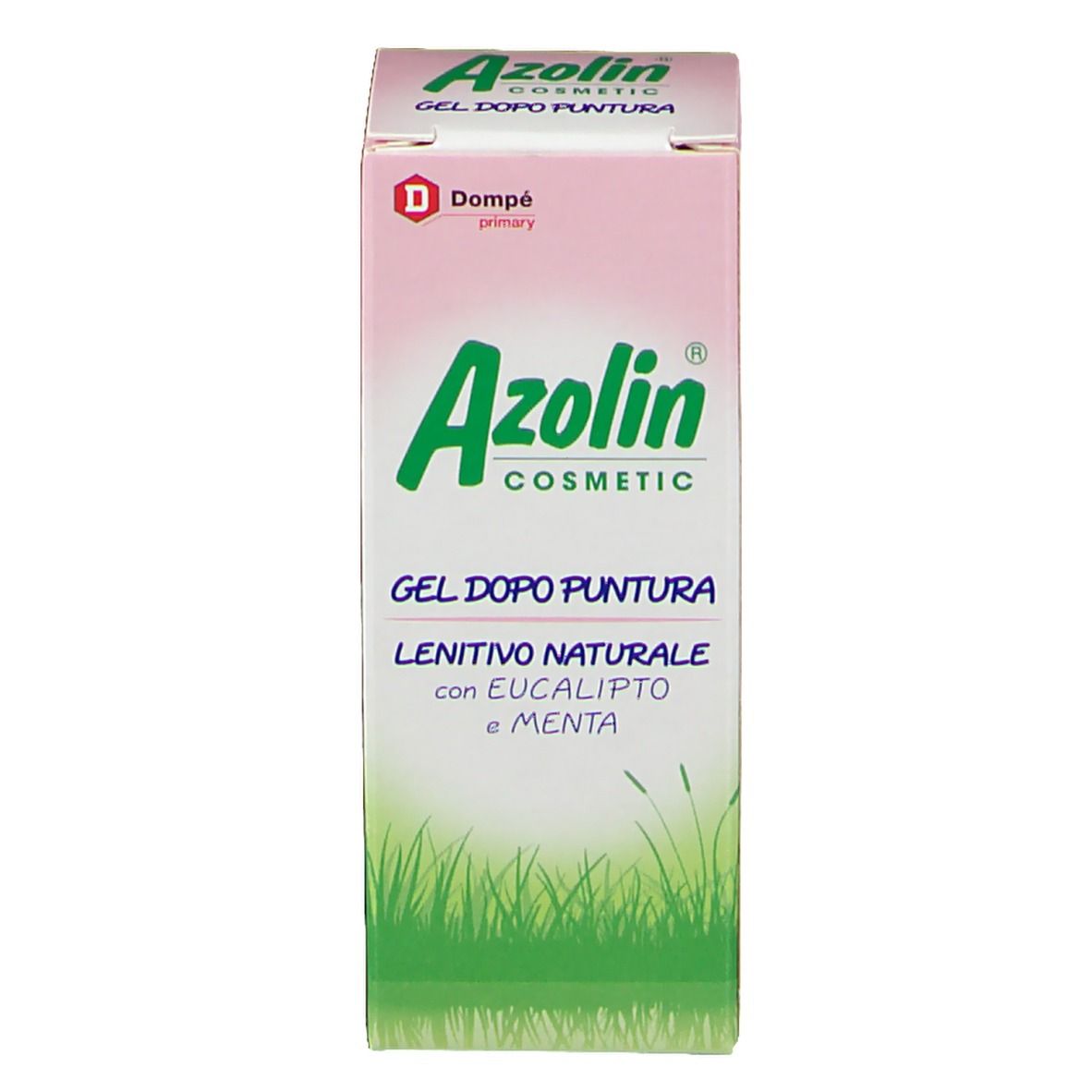 Confezione di Azolin®-Gel. Scatola bianca e rosa con logo e testo verdi. "GEL DOPO PUNTURA" e "LENITIVO NATURALE".