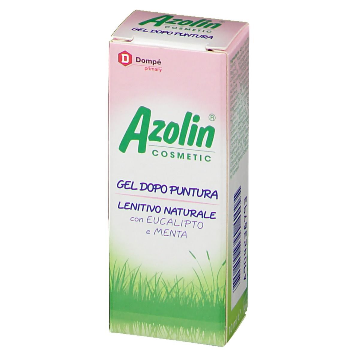 Confezione di Azolin®-Gel. Scatola bianca e rosa con logo e testo verdi. "GEL DOPO PUNTURA" e "LENITIVO NATURALE".