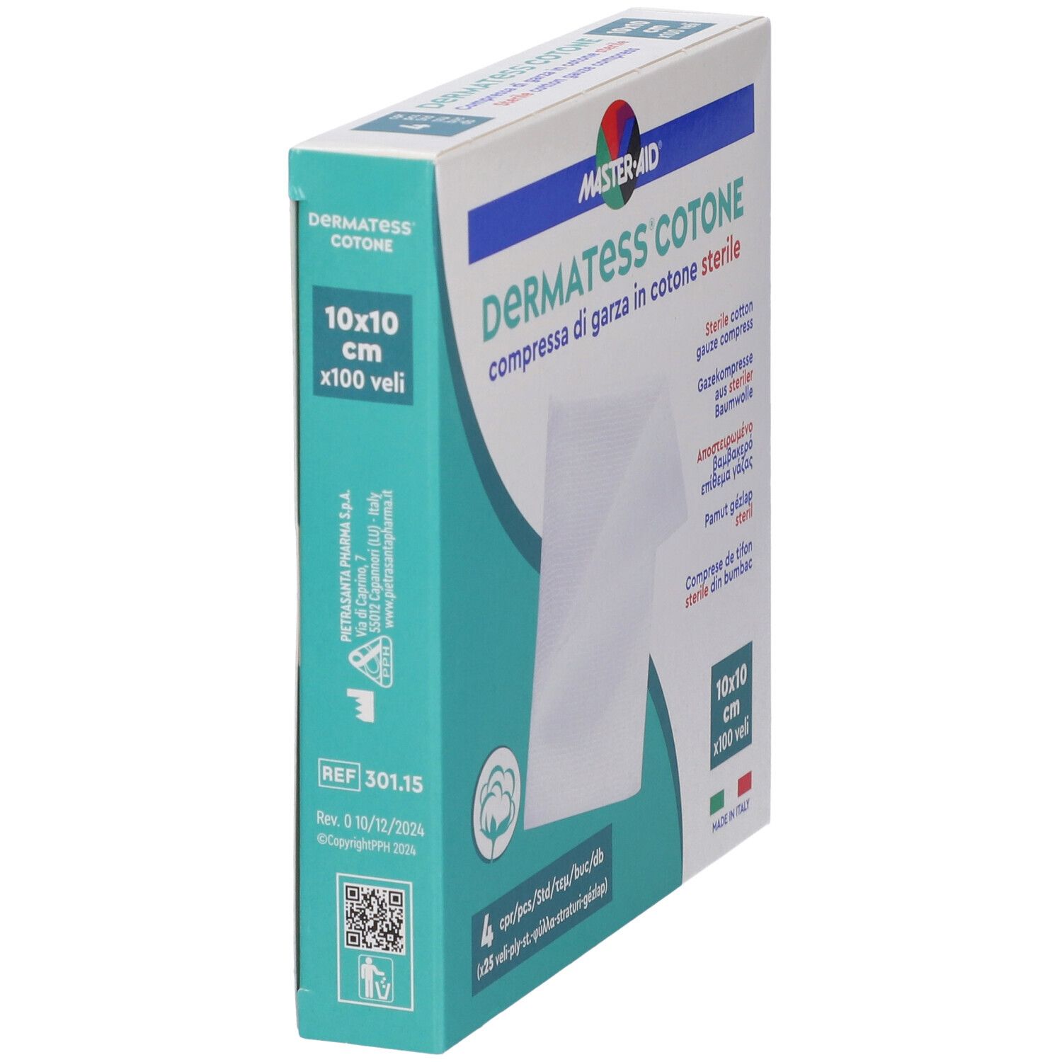 Confezione Dermatess Cotone, garza sterile. 10x10 cm, 100 Veli. Logo Master-Aid. Codice QR.