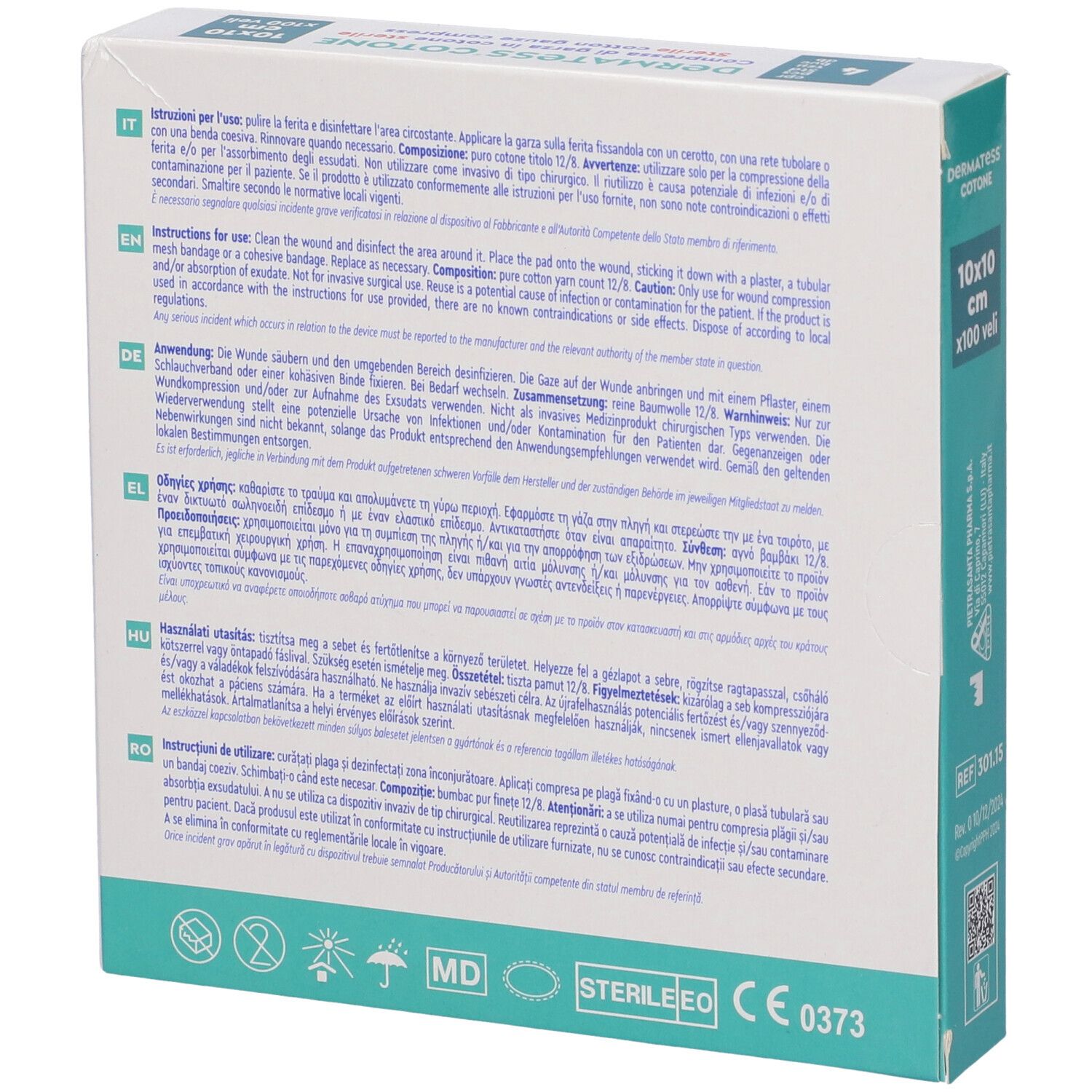 Dermatess Cotone, garza sterile. 100 compresse, 10x10 cm. Logo Master-Aid. Simbolo farmacia.