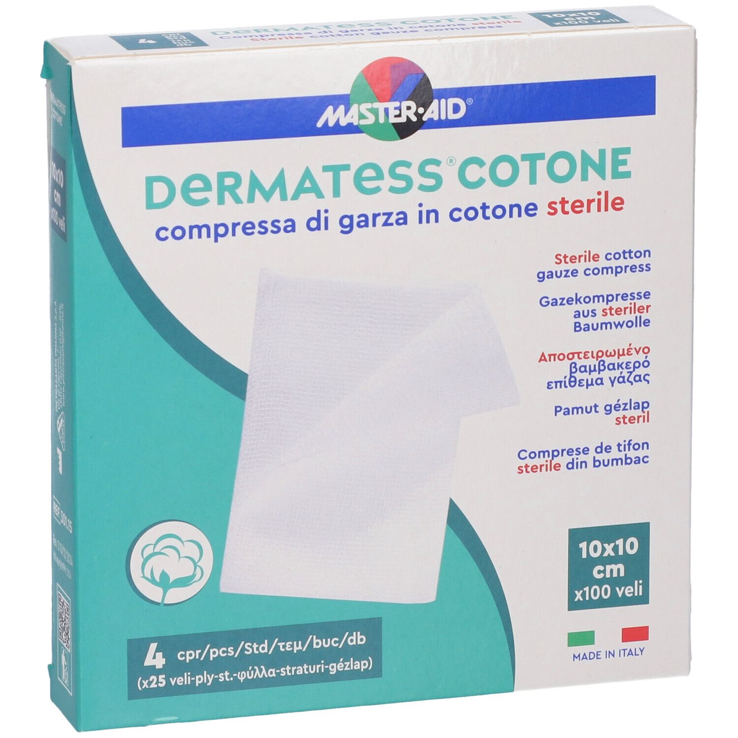 Dermatess Cotone, garza sterile. 4 pezzi. 10x10 cm. Logo Master-Aid. Made in Italy.