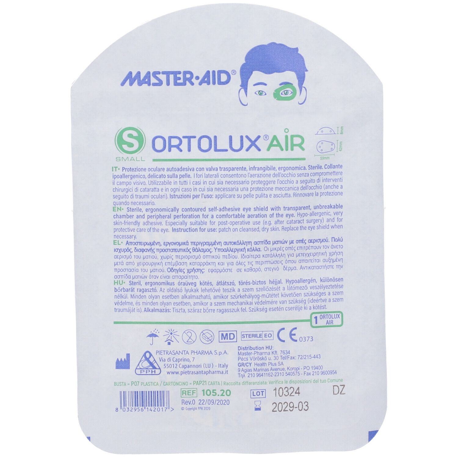 Confezione con nome prodotto ORTOLUX AIR. Testo, logo MASTER-AID. Dispositivo medico.