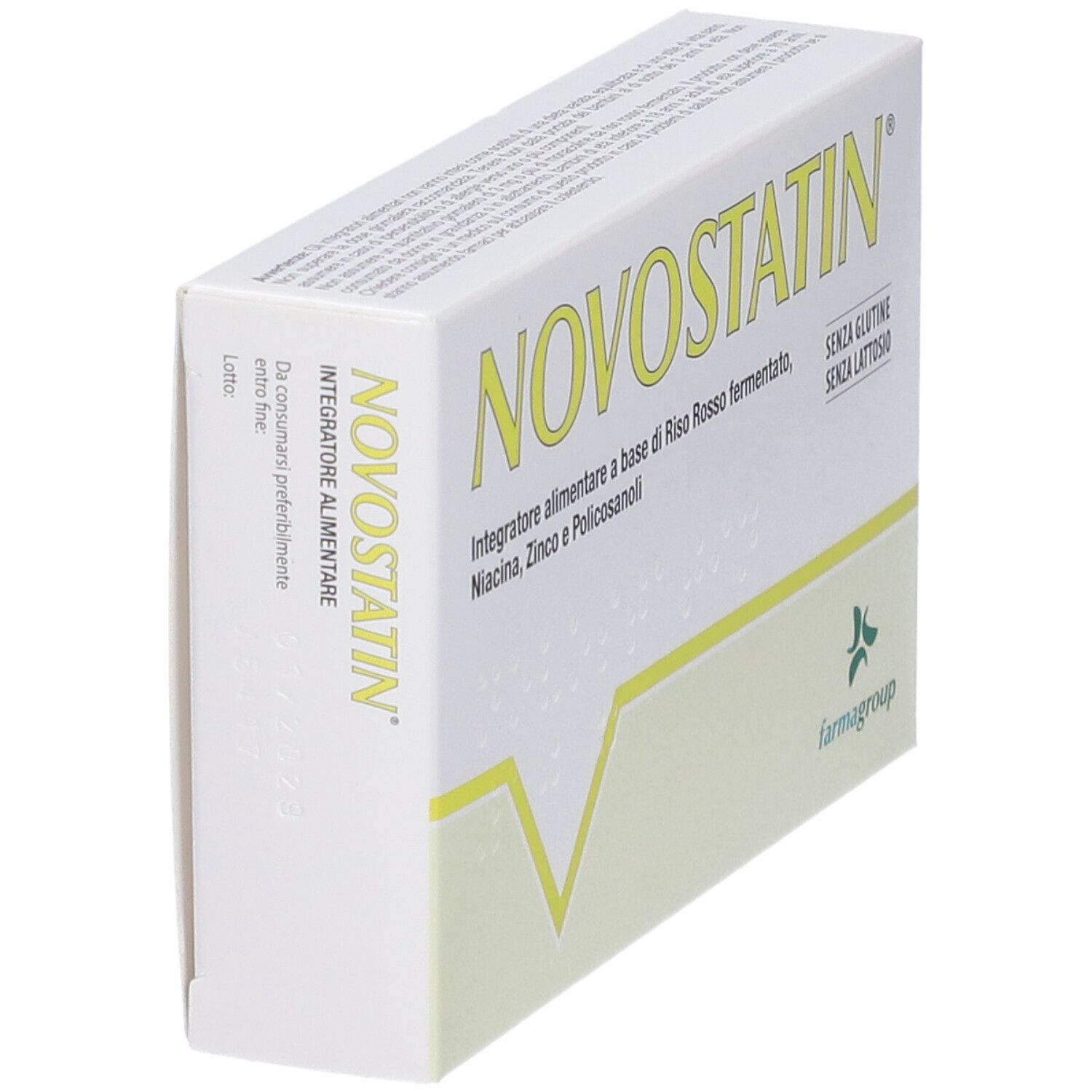 Confezione Novostatin Compresse, vista laterale con informazioni dettagliate.