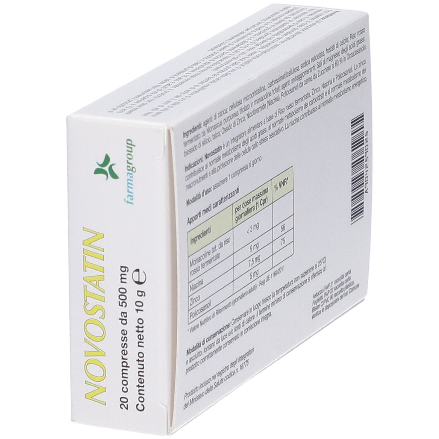 Confezione Novostatin Compresse, vista laterale con nome prodotto e formato confezione.