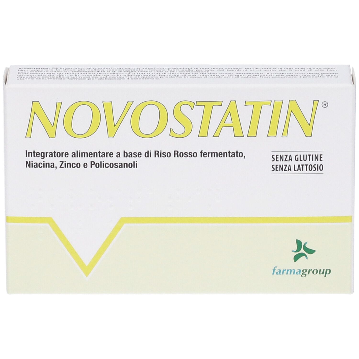 Confezione Novostatin Compresse, fronte con nome prodotto e ingredienti principali.