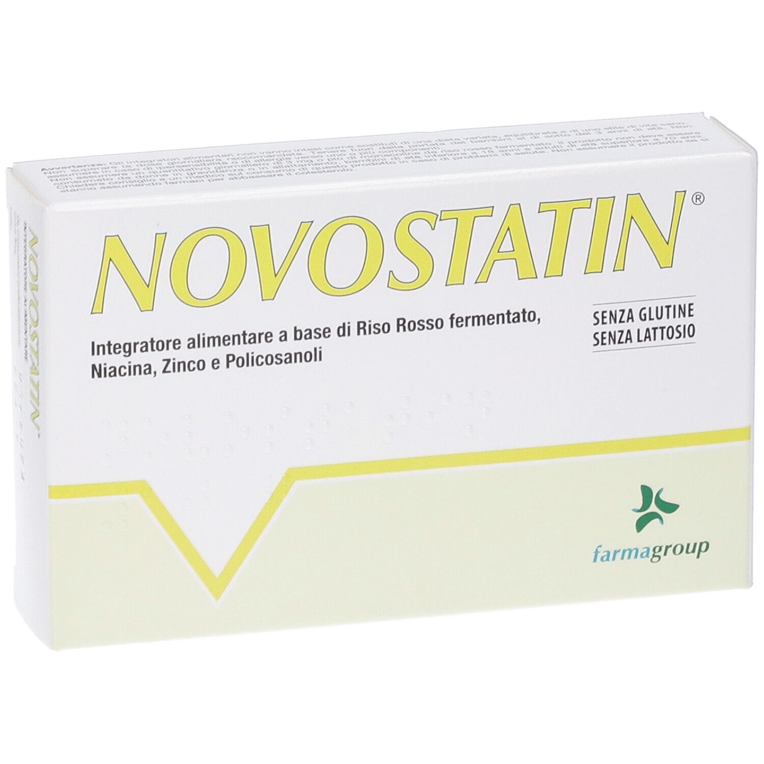 Confezione Novostatin Compresse, fronte con nome prodotto e ingredienti principali.