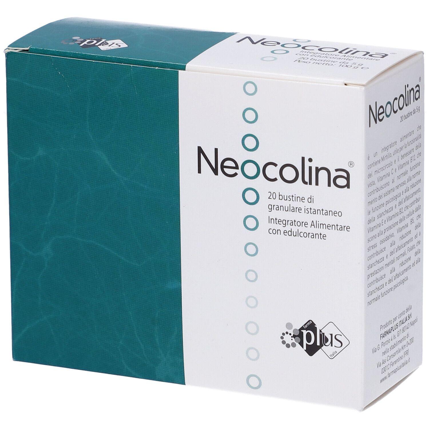 Scatola con nome prodotto Neocolina. 20 bustine. Design verde e bianco. Logo Plus.