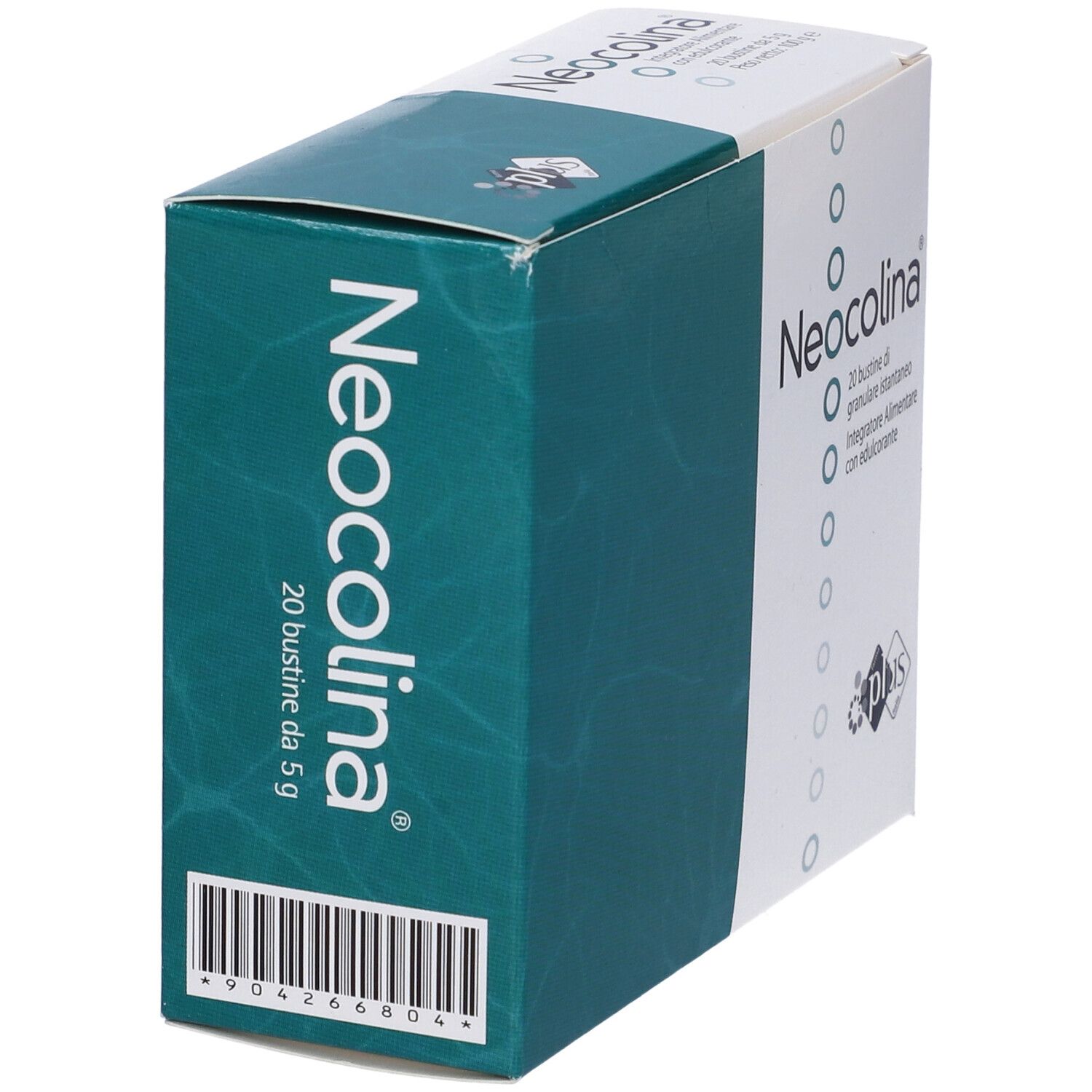 Confezione del prodotto. Neocolina, 20 bustine. Design verde e bianco. Codice a barre.
