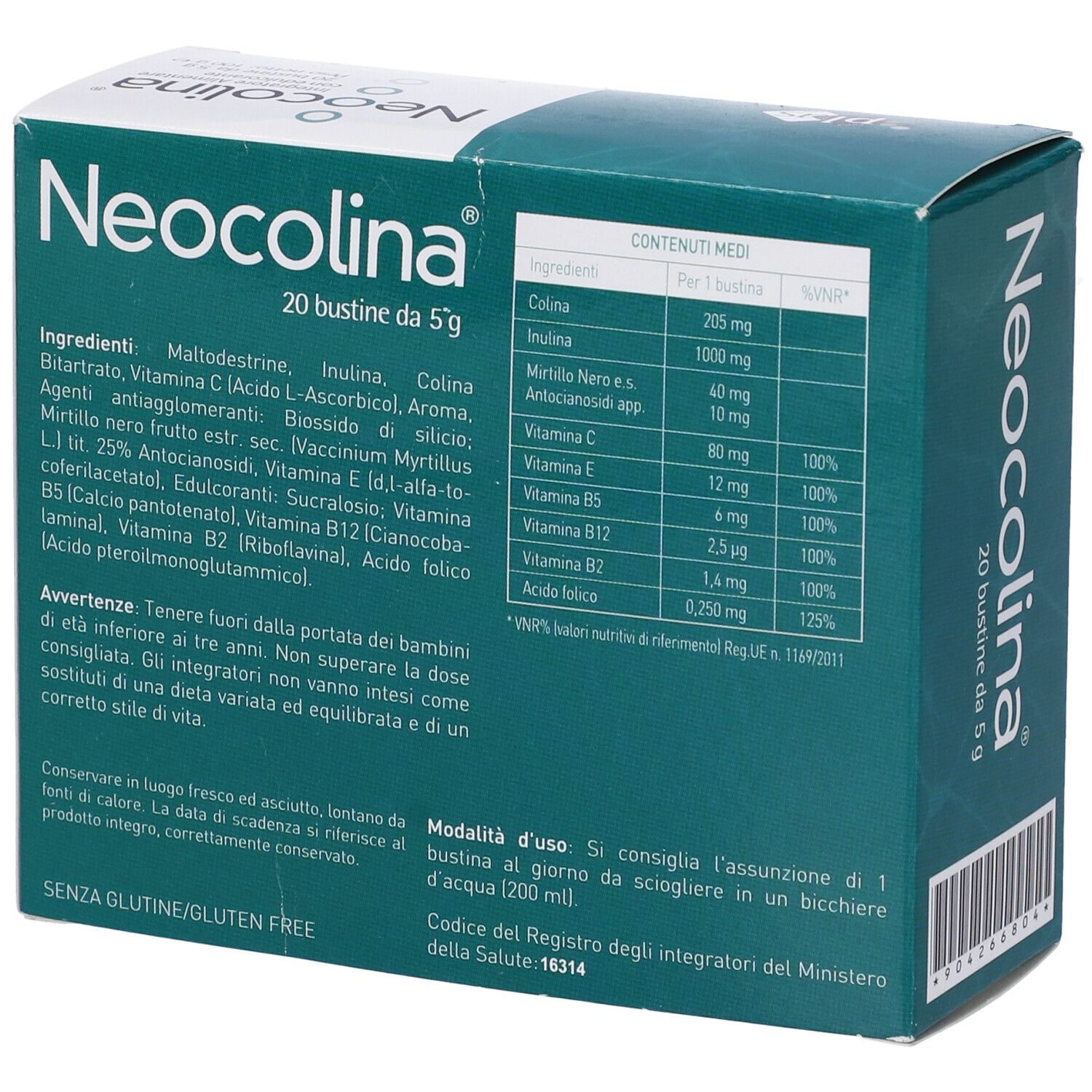 Retro della confezione. Ingredienti e informazioni nutrizionali. Testo in italiano.