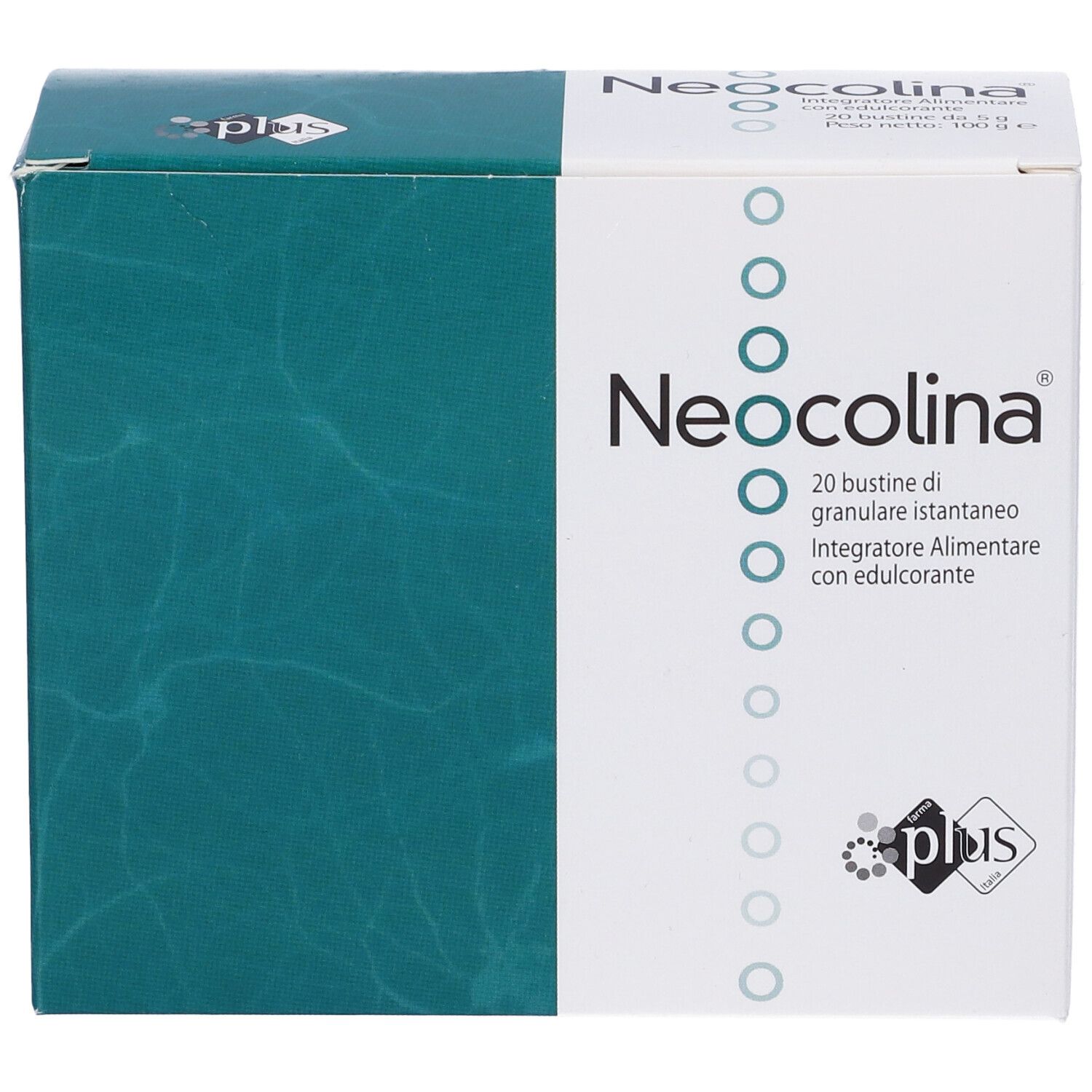 Confezione del prodotto. Neocolina, 20 bustine. Design verde e bianco. Logo Plus.