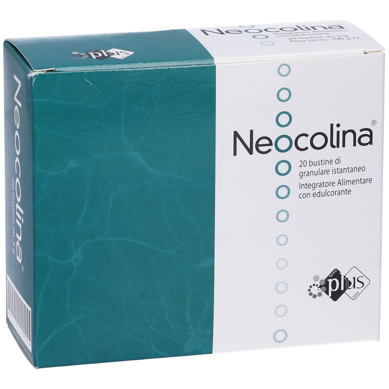 Confezione del prodotto. Neocolina, 20 bustine. Design verde e bianco. Logo Plus.
