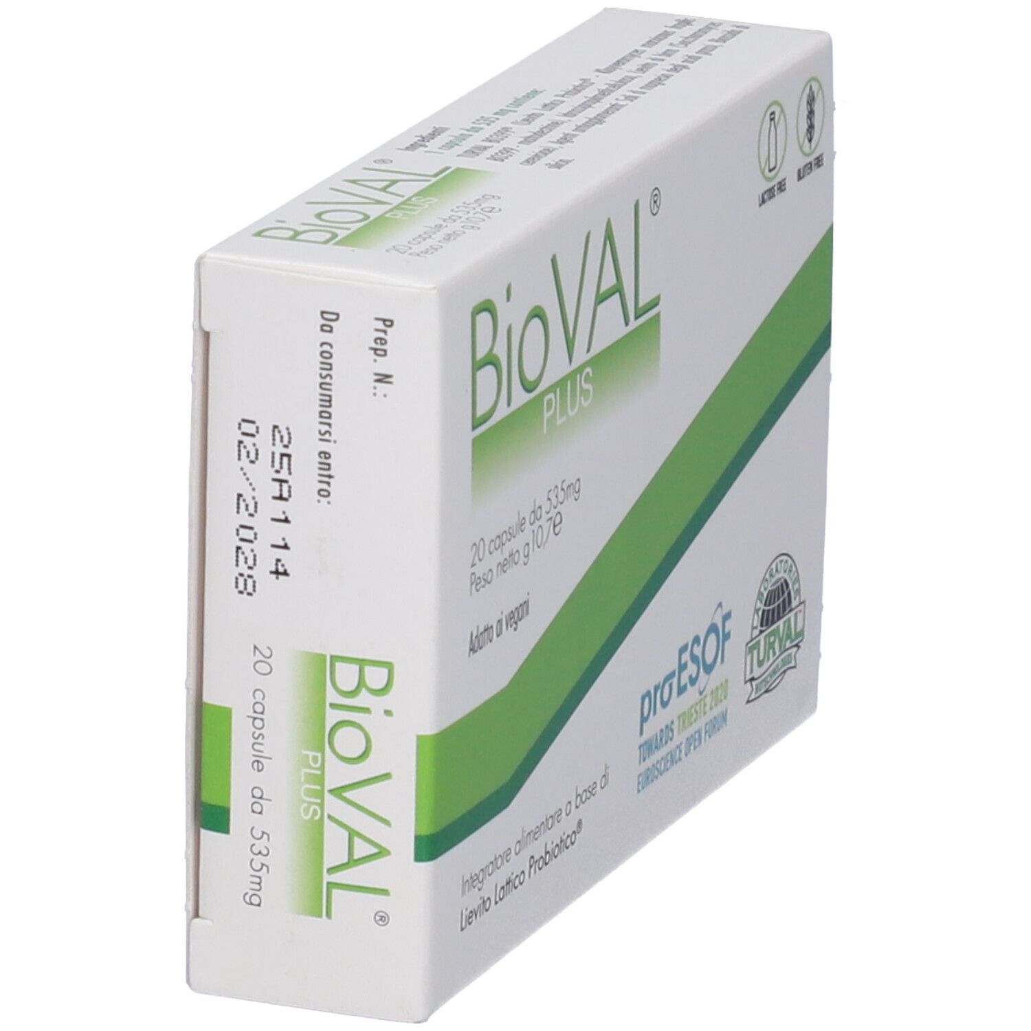 Scatola bianca con banda verde. Scritta: BioVAL PLUS, 20 capsule. Loghi: senza lattosio, senza glutine, proESOF, TURVAL.