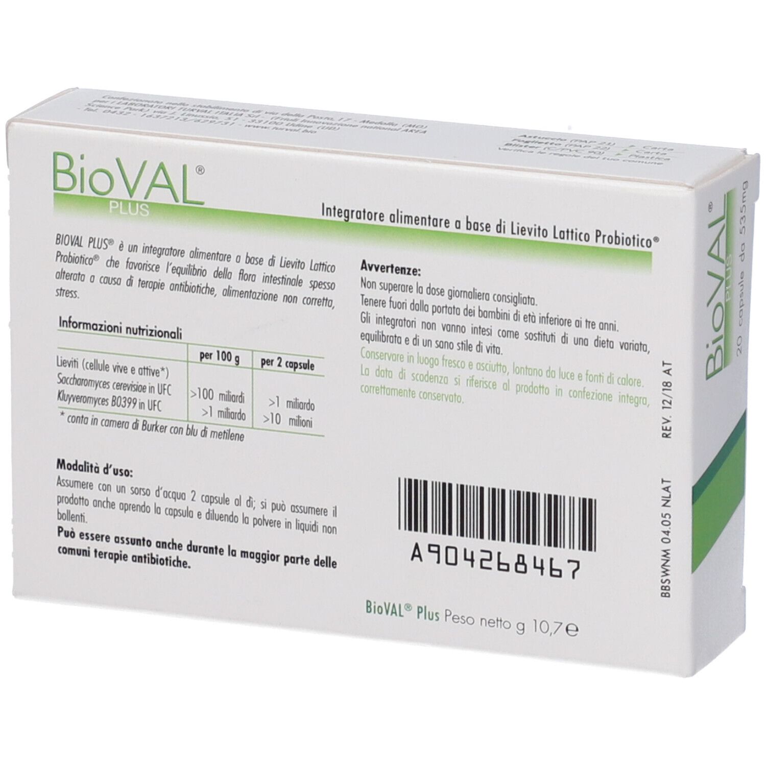 Scatola bianca con testo. Scritta: BioVAL PLUS, 20 capsule. Codice a barre. Testo su ingredienti e uso.