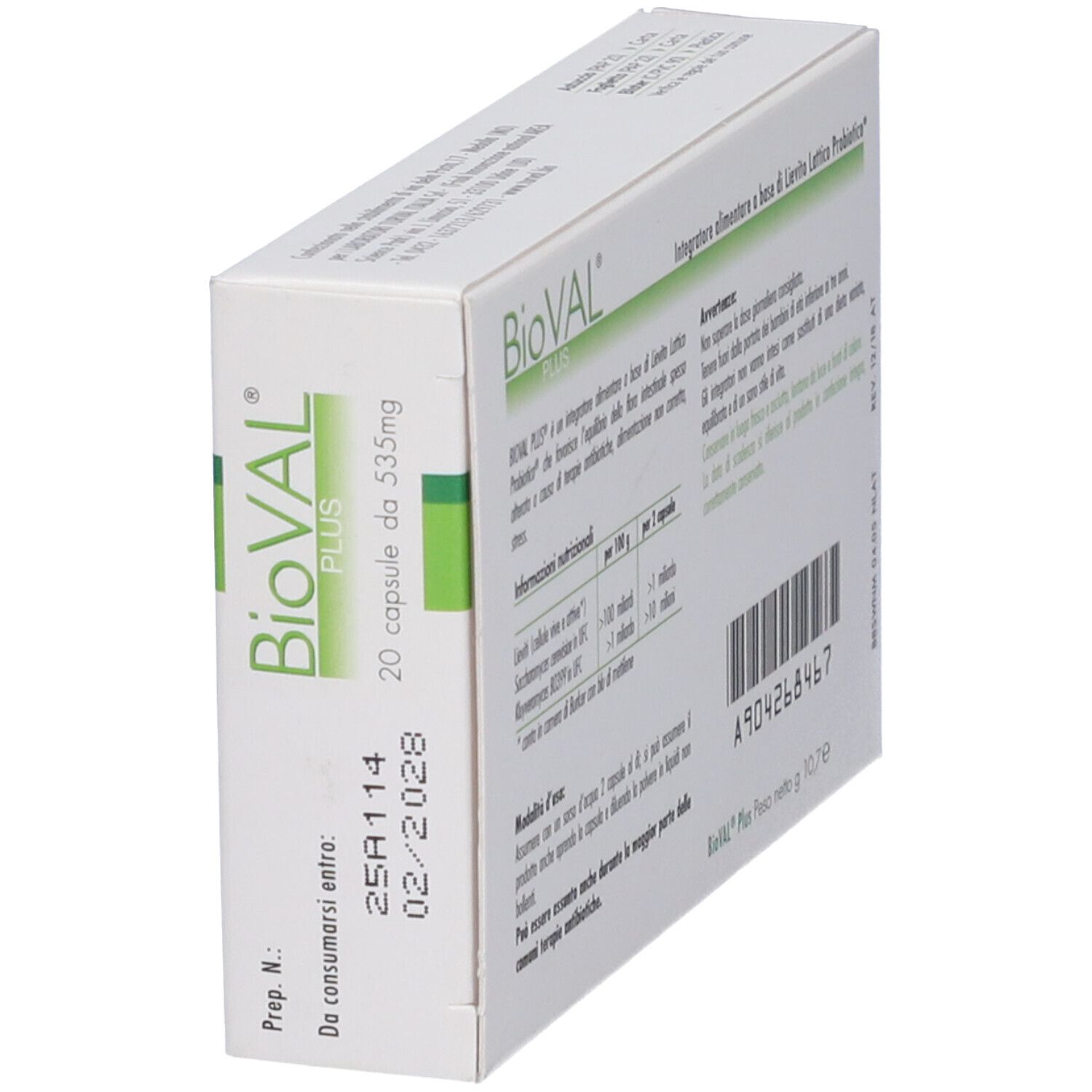 Scatola bianca con testo. Scritta: BioVAL PLUS, 20 capsule. Codice a barre. Testo su ingredienti e uso.