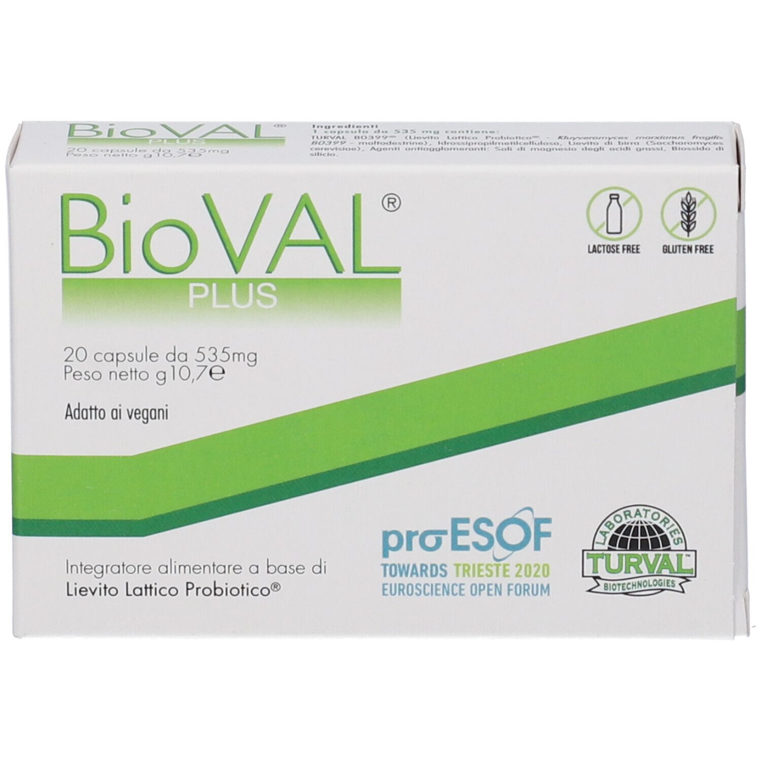 Scatola bianca con banda verde. Scritta: BioVAL PLUS, 20 capsule. Loghi: senza lattosio, senza glutine, proESOF, TURVAL.