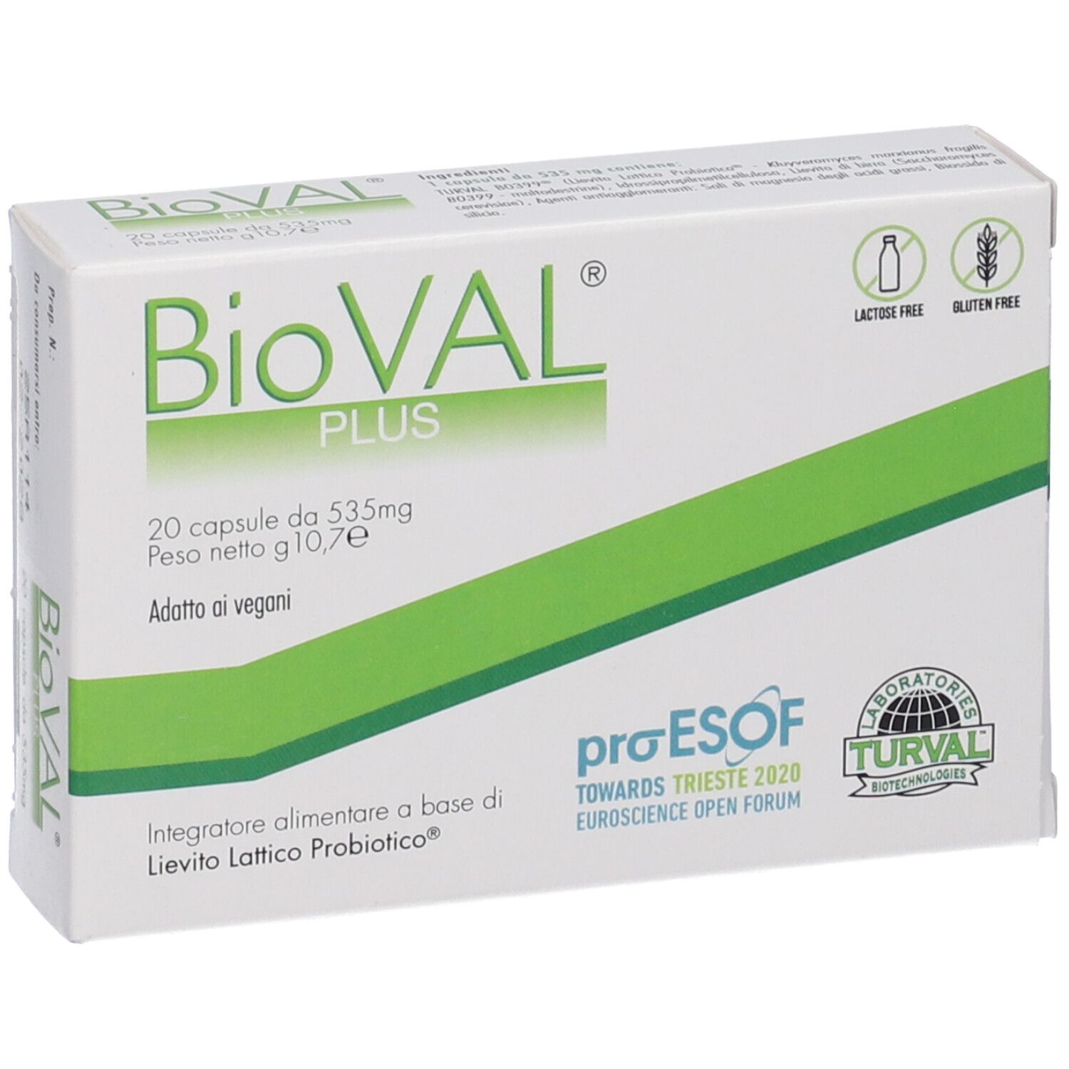 Scatola bianca con banda verde. Scritta: BioVAL PLUS, 20 capsule. Loghi: senza lattosio, senza glutine, proESOF, TURVAL.