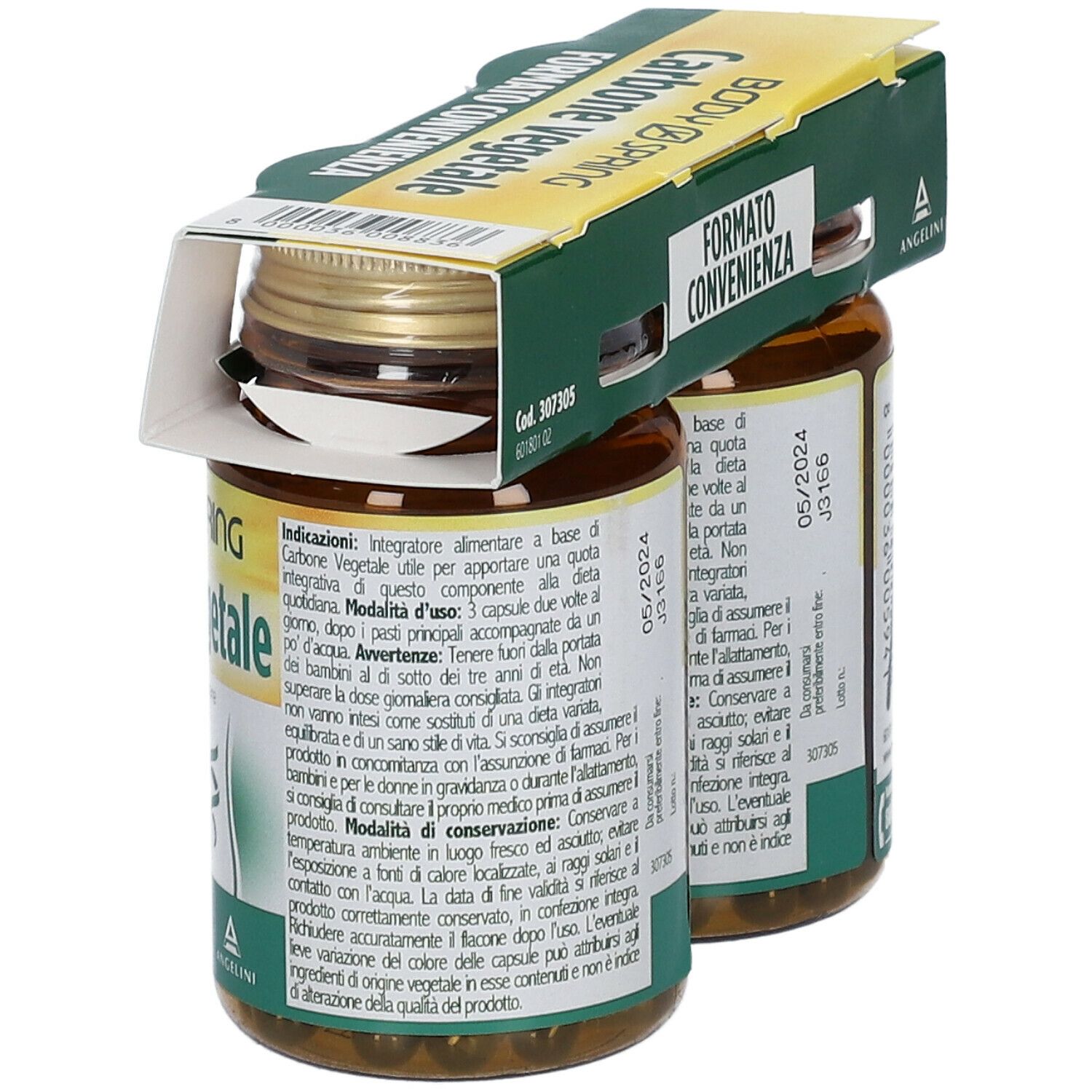 Due flaconi di capsule. Scritta: Body Spring Carbone Vegetale, Integratore alimentare. Confezione: Formato convenienza.