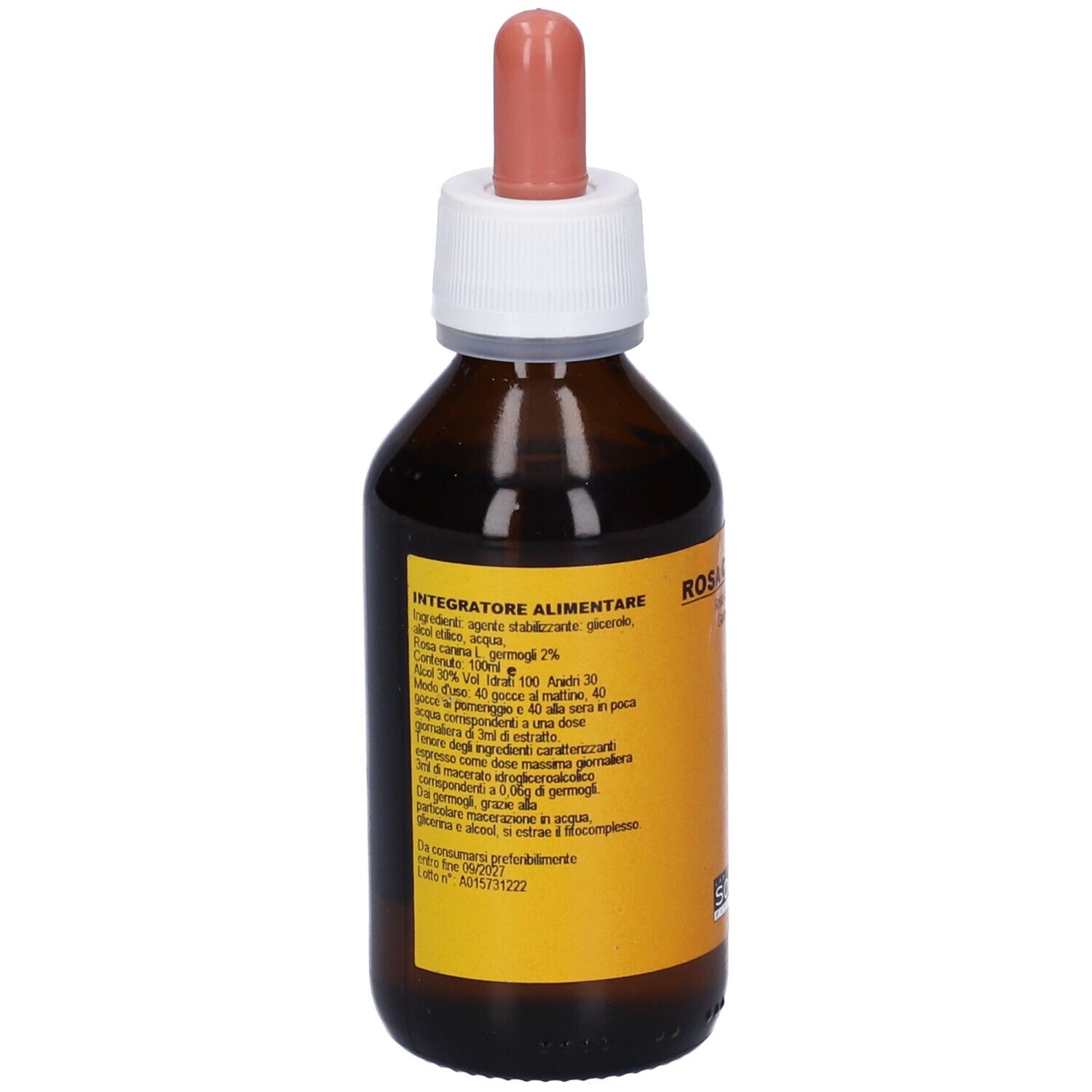 Flacone di vetro marrone con tappo bianco e contagocce rosa. Retro con testo: Ingredienti, dosaggio, istruzioni.