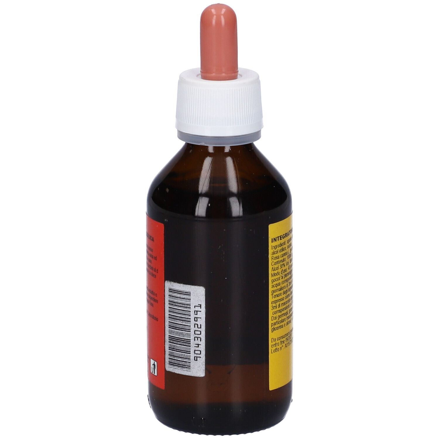 Flacone di vetro marrone con tappo bianco e contagocce rosa. Retro con codice a barre e testo.