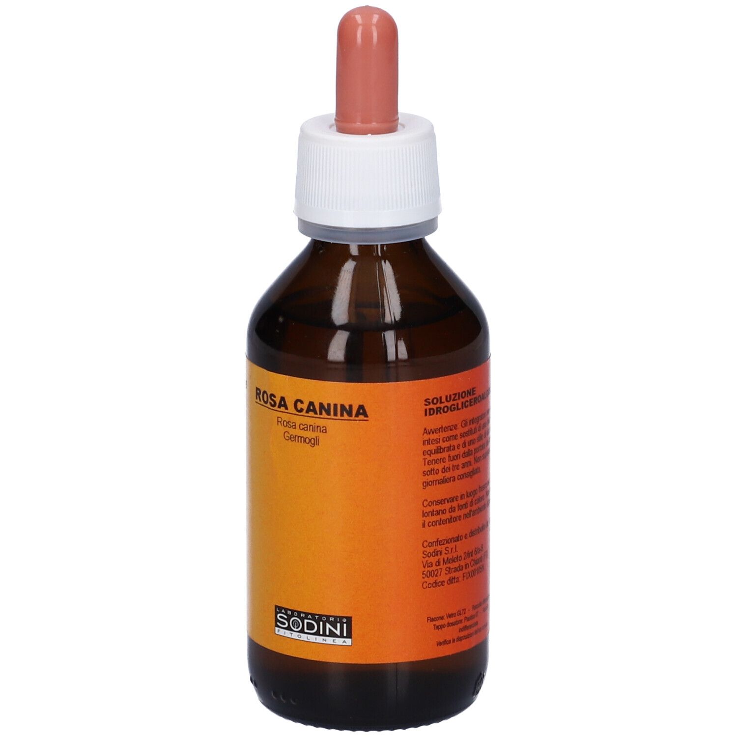 Flacone di vetro marrone con tappo bianco e contagocce rosa. Etichetta con testo: Rosa Canina, Sodini.