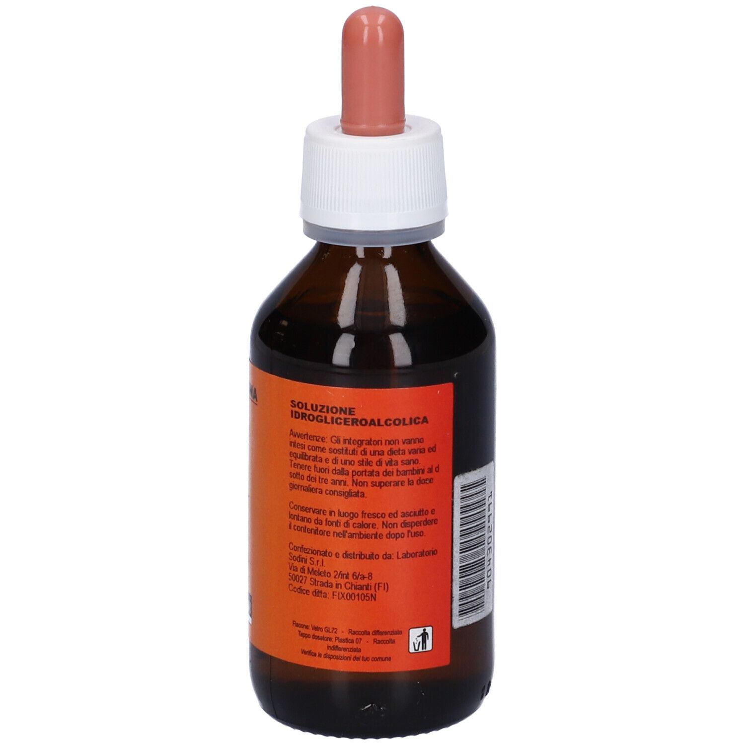 Flacone di vetro marrone con tappo bianco e contagocce rosa. Retro con testo: Soluzione, istruzioni.