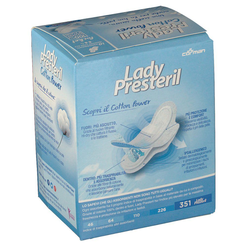 Confezione Lady Presteril Cotton Power pocket. Scatola blu con immagine del prodotto e testo. Contiene 10 pezzi. 100% cotone.
